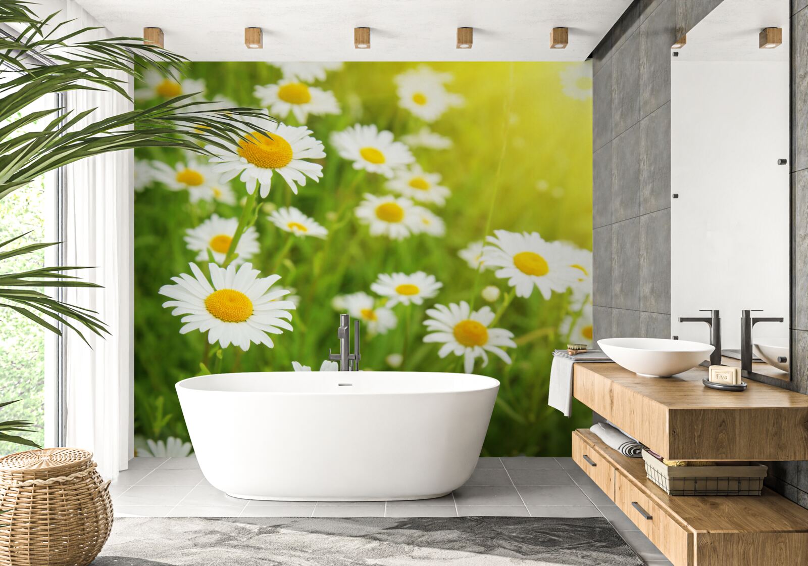 Fotobehang een veld met sneeuwwitte margrieten in het groen