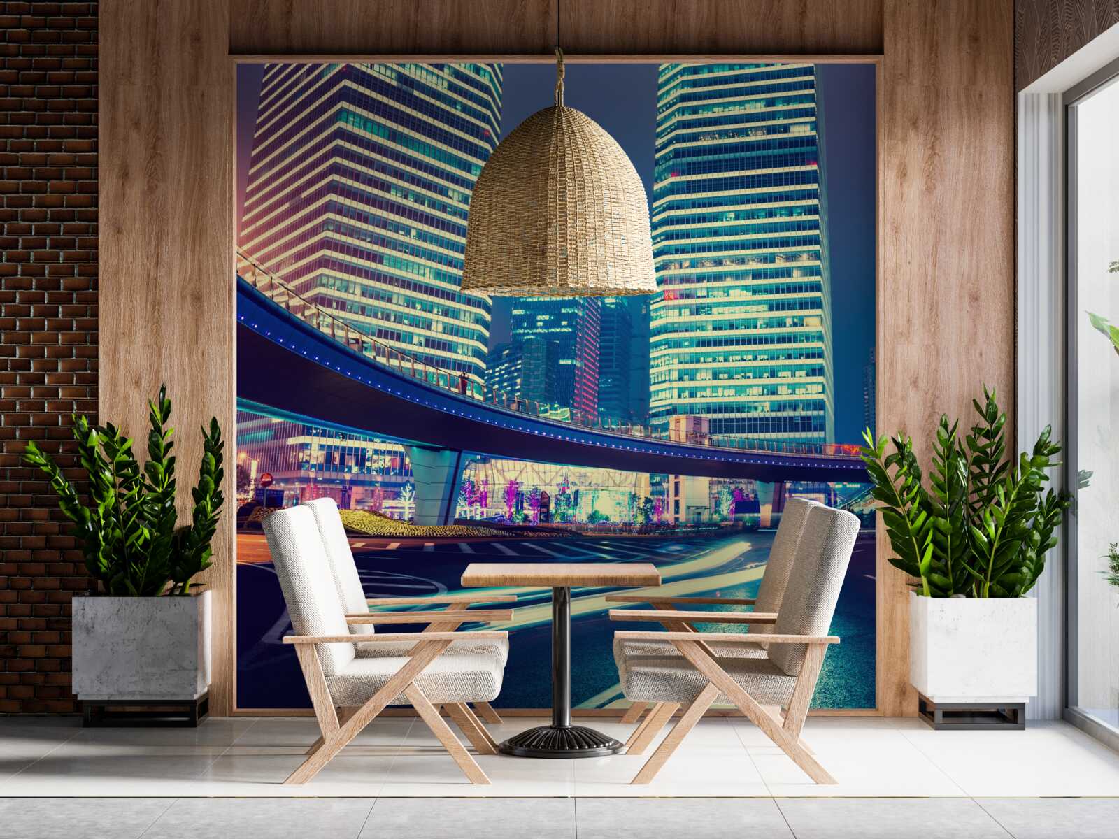 Fotobehang nachtelijke stad met wolkenkrabbers en een brug