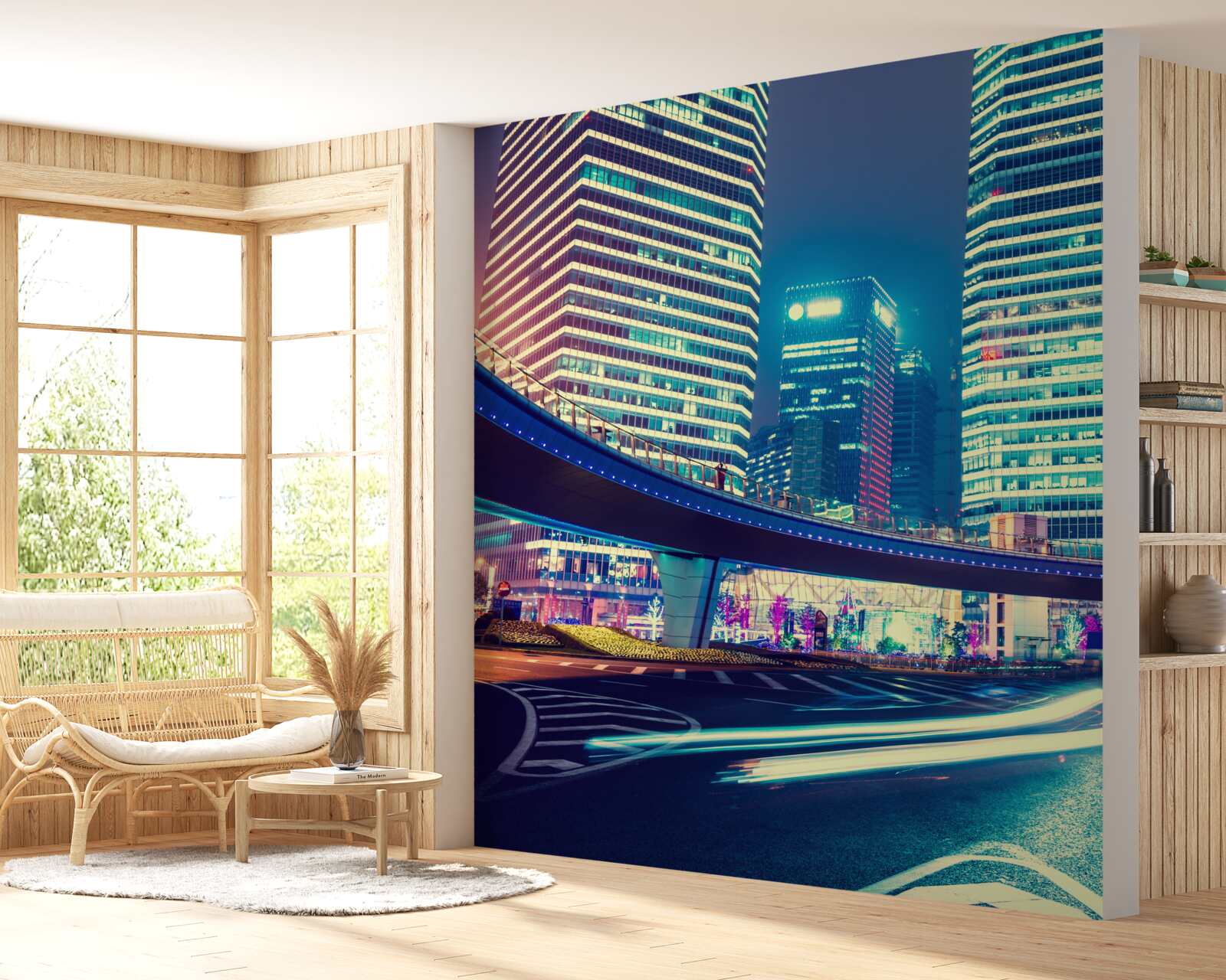 Fotobehang nachtelijke stad met wolkenkrabbers en een brug