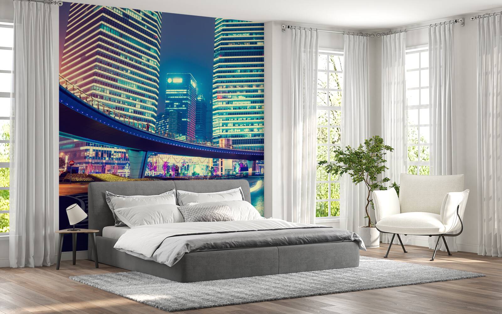 Fotobehang nachtelijke stad met wolkenkrabbers en een brug