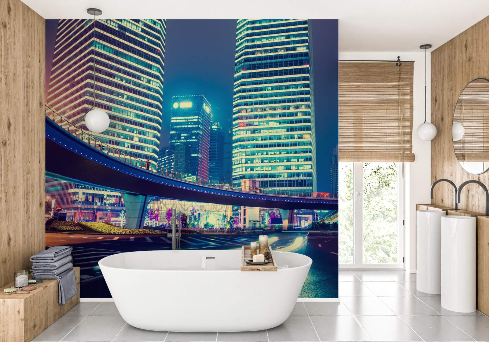 Fotobehang nachtelijke stad met wolkenkrabbers en een brug