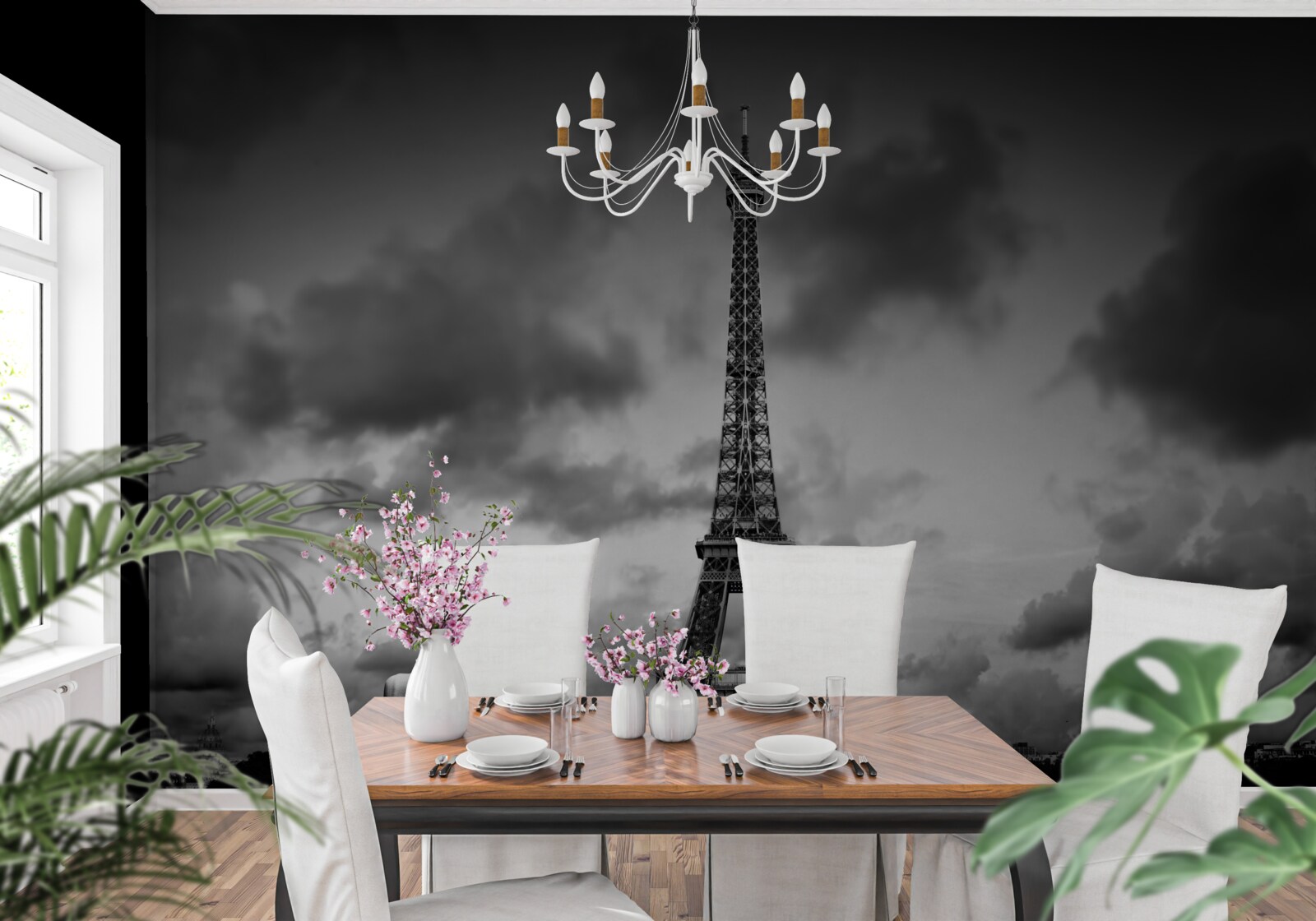 Fotobehang rode auto naast de eiffeltoren