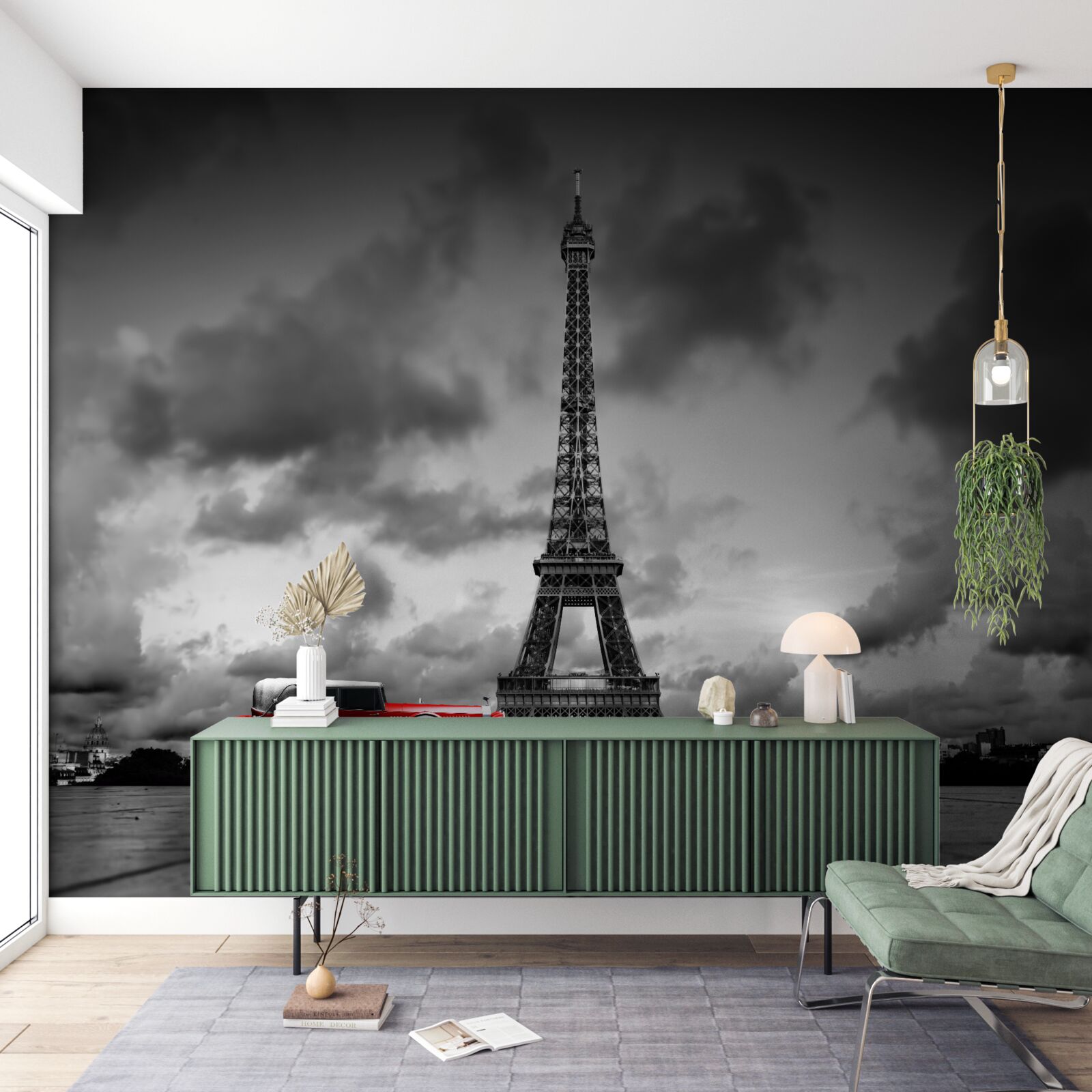 Fotobehang rode auto naast de eiffeltoren