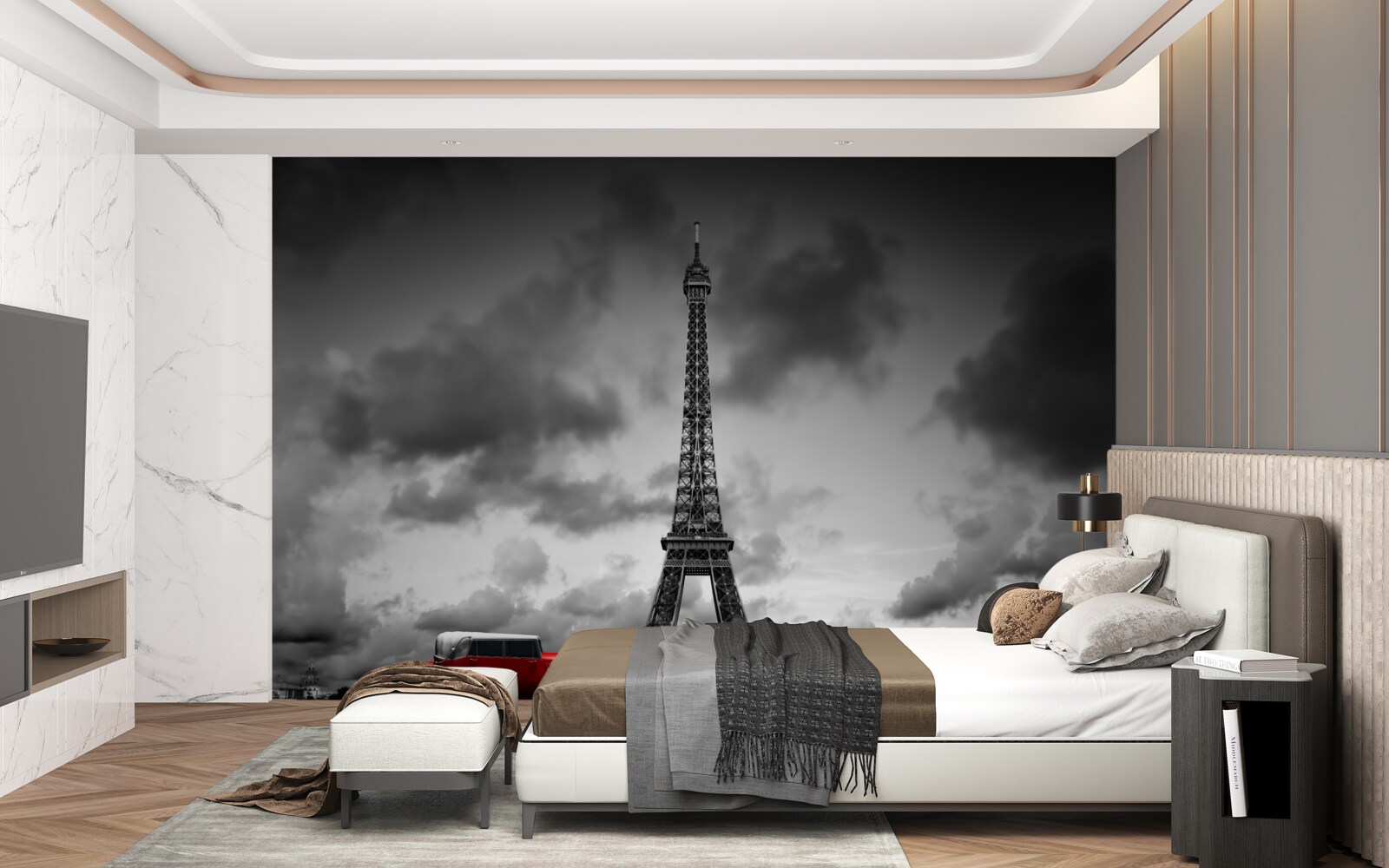 Fotobehang rode auto naast de eiffeltoren