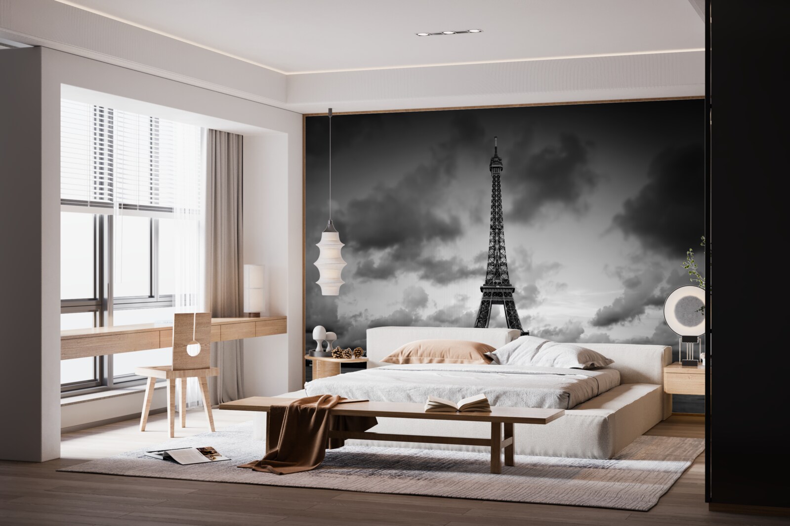 Fotobehang rode auto naast de eiffeltoren