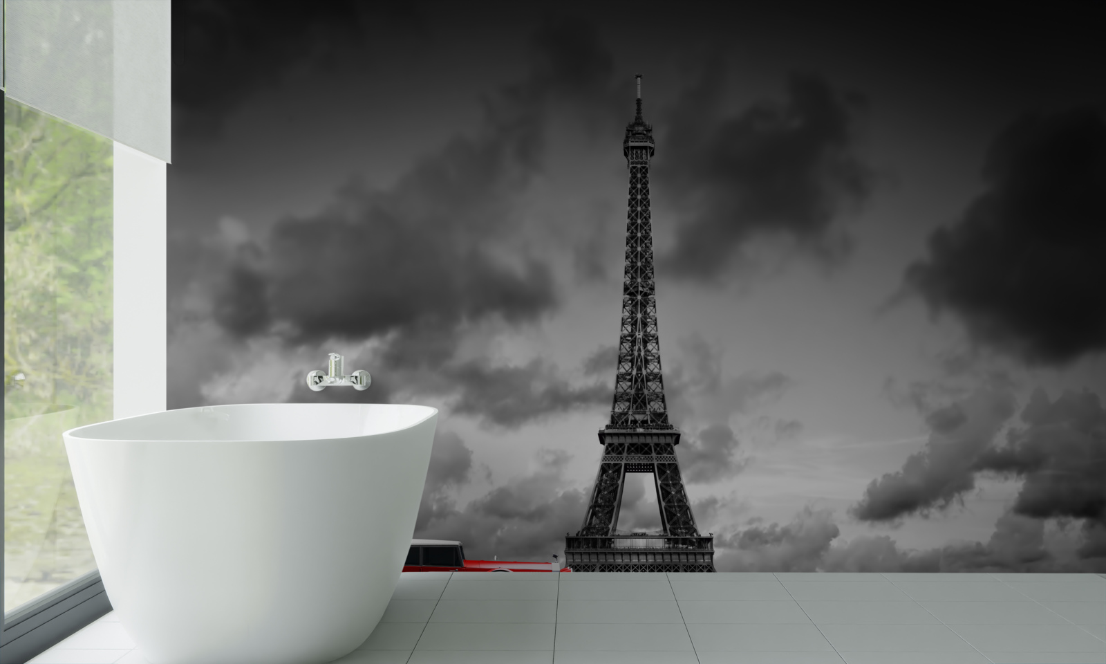 Fotobehang rode auto naast de eiffeltoren