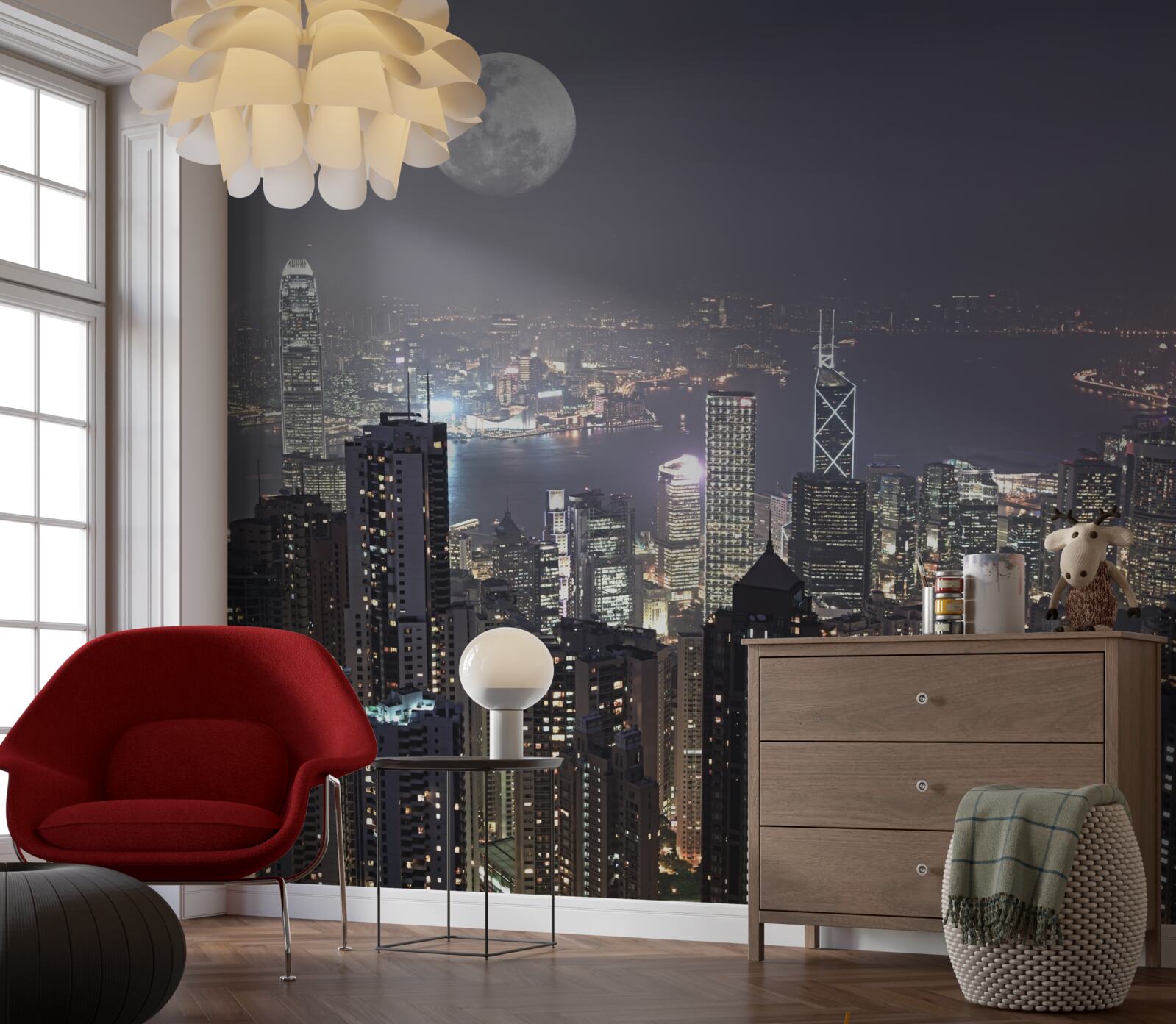 Fotobehang middernachtelijke maan hangt boven hongkong