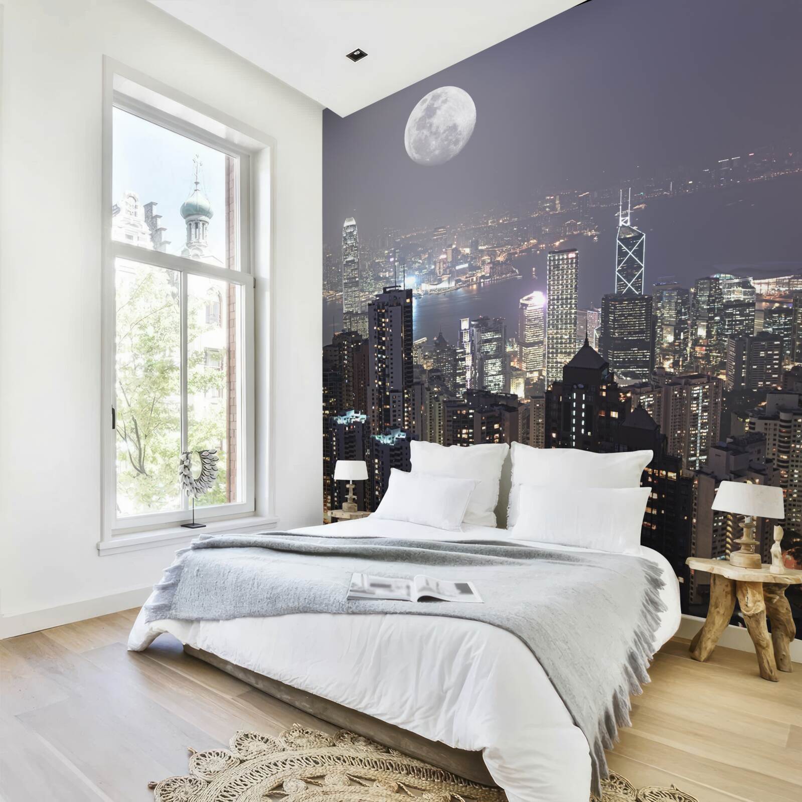 Fotobehang middernachtelijke maan hangt boven hongkong