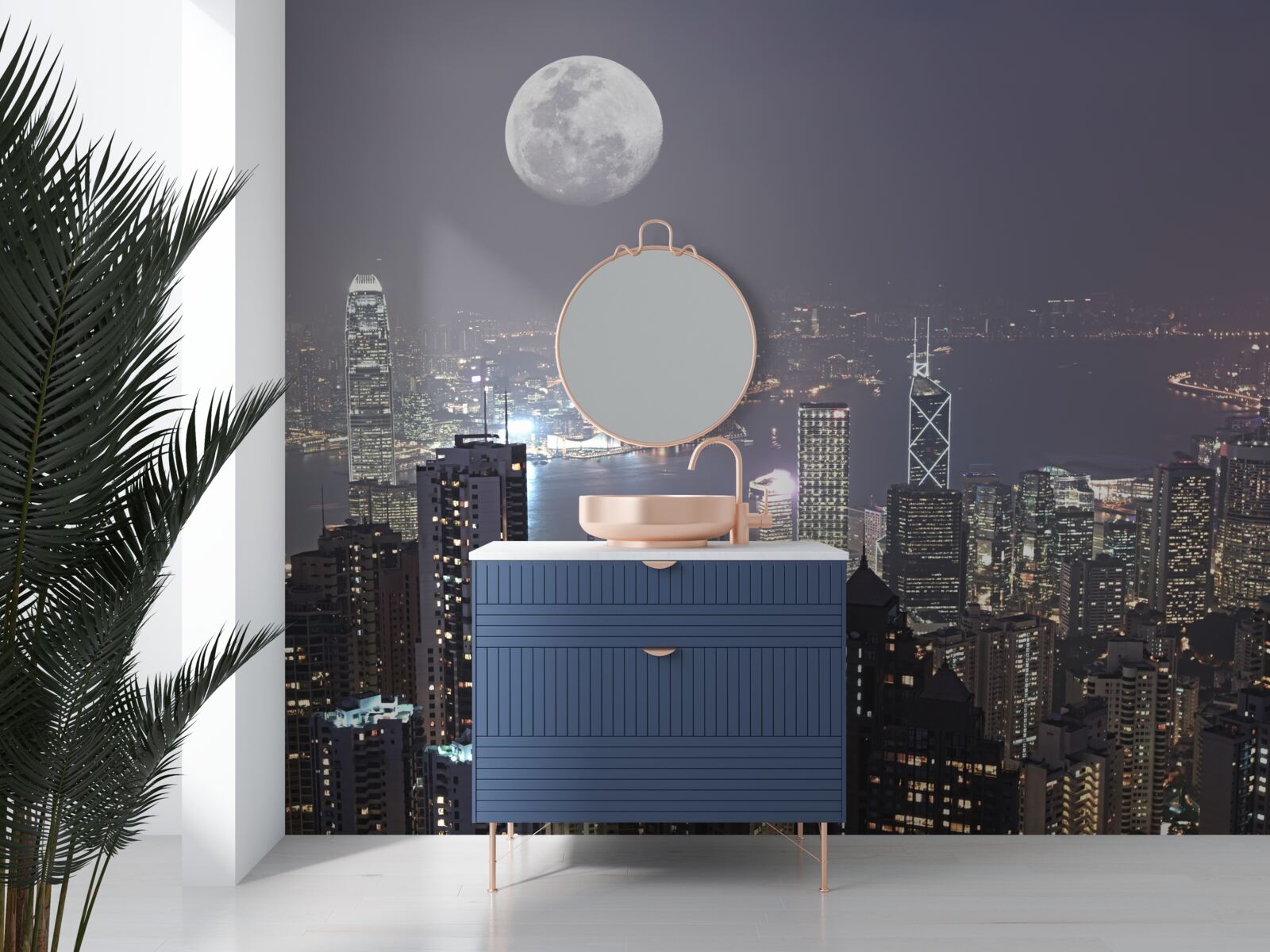 Fotobehang middernachtelijke maan hangt boven hongkong