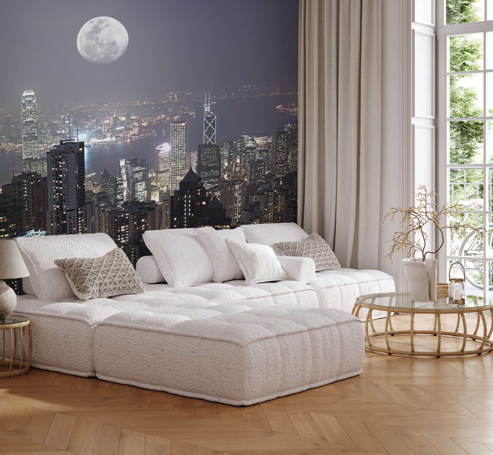 Fotobehang middernachtelijke maan hangt boven hongkong