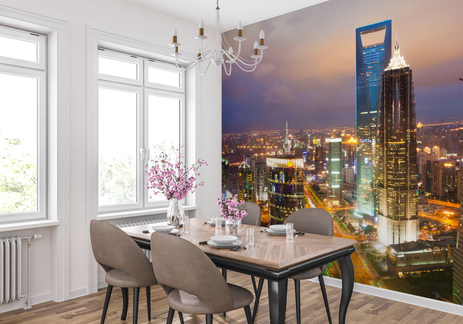 Fotobehang nachtelijke toppen van stadsgebouwen