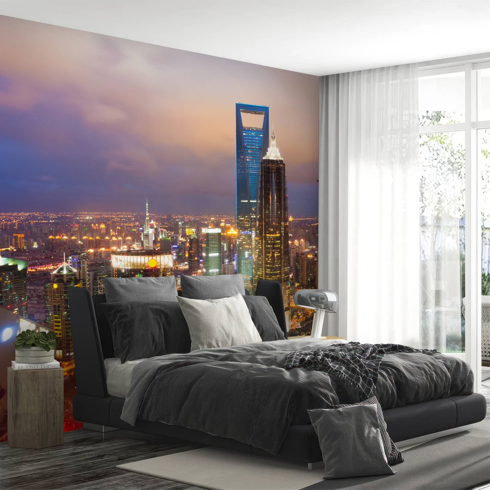 Fotobehang nachtelijke toppen van stadsgebouwen