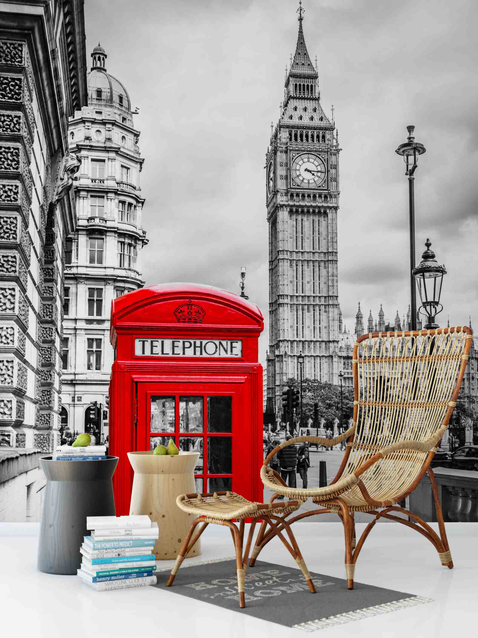 Fotobehang rode telefooncel voor big ben op de achtergrond