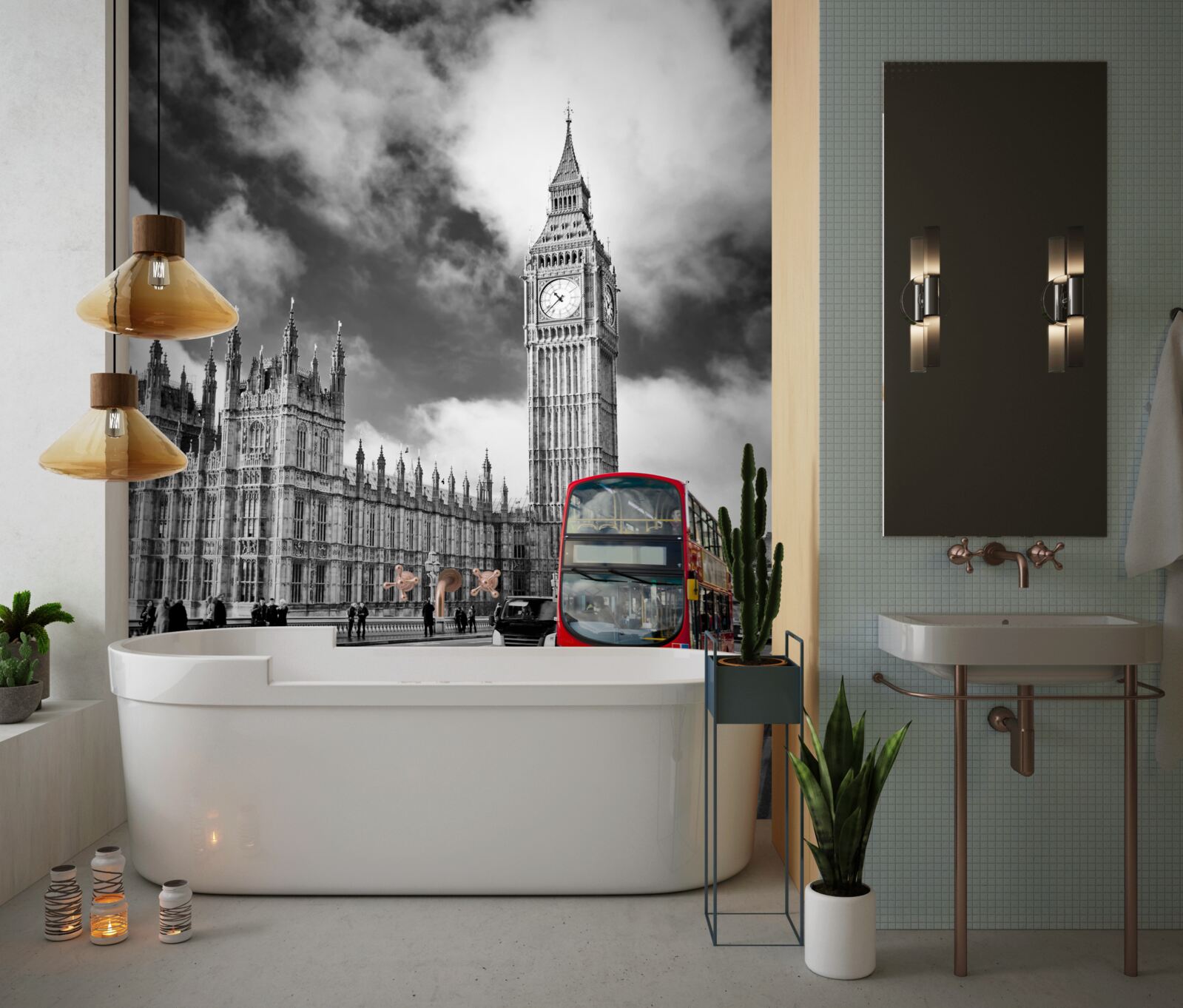 Fotobehang big ben en de rode bus