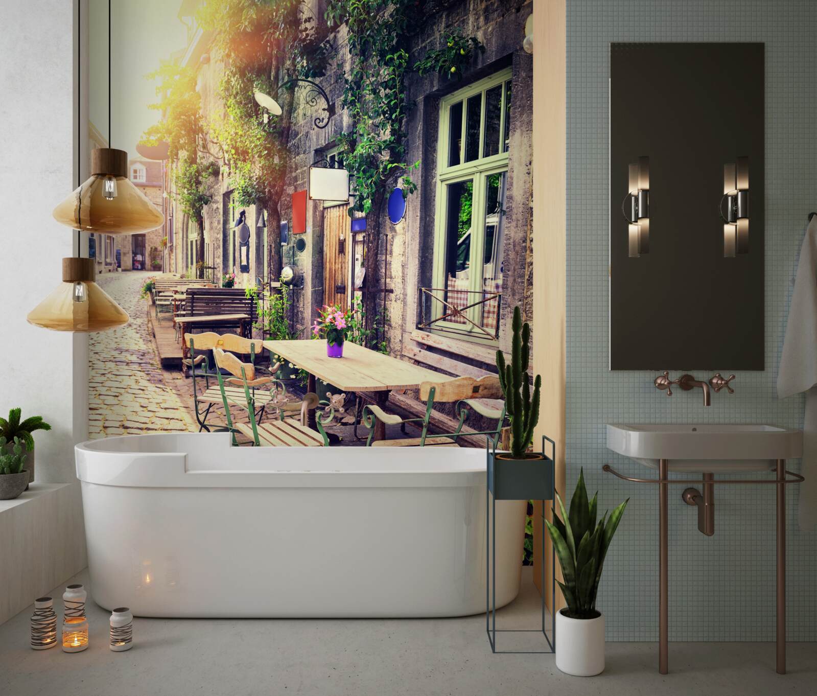 Fotobehang familiecafé met een gezellige sfeer bij zonsopgang