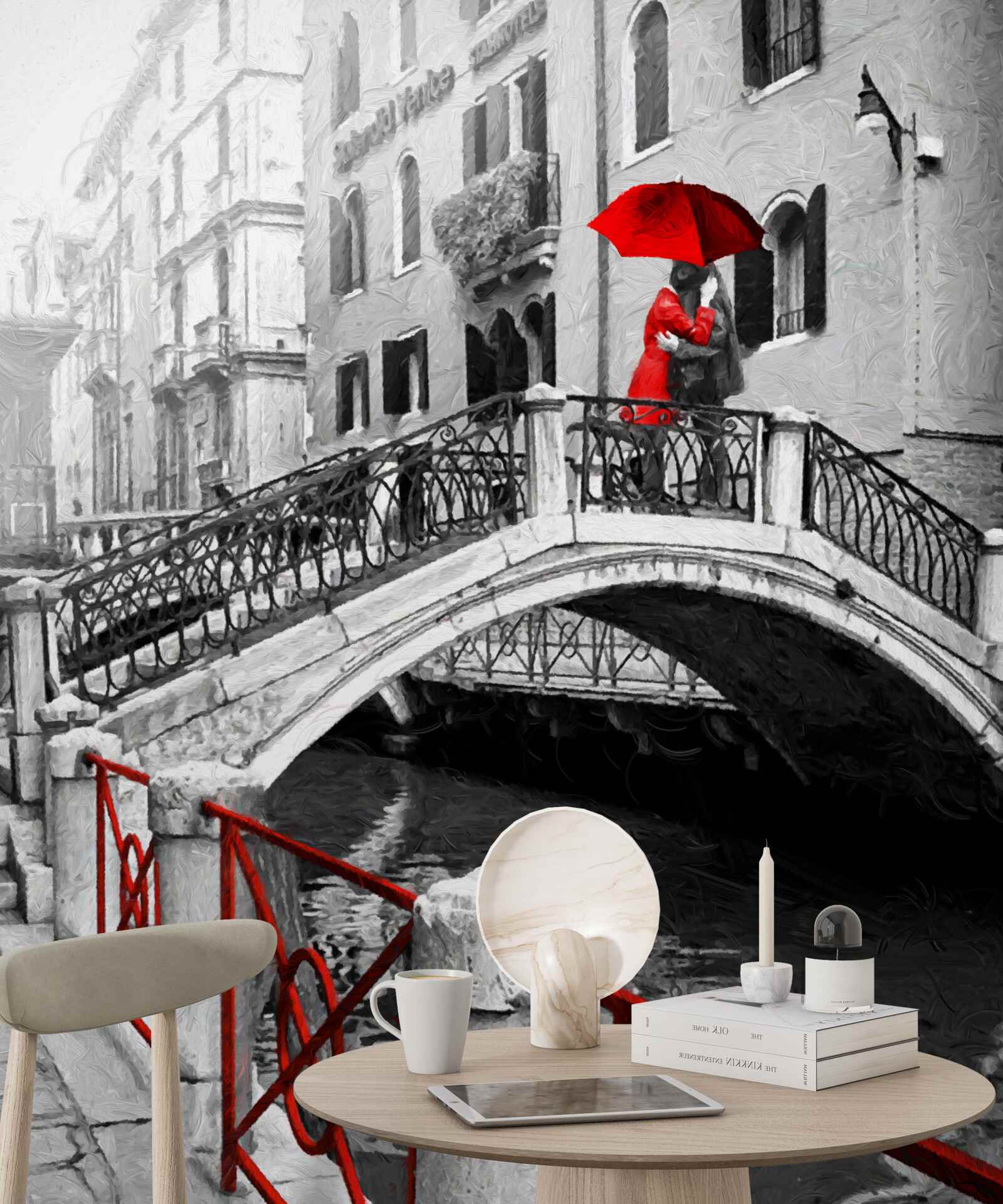 Fotobehang zwart-wit foto van het bruidspaar op de brug van Venetië