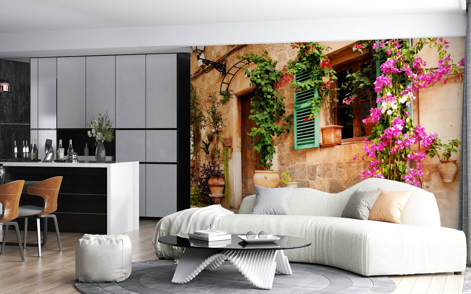 Fotobehang planten in bakken op een oude stoep