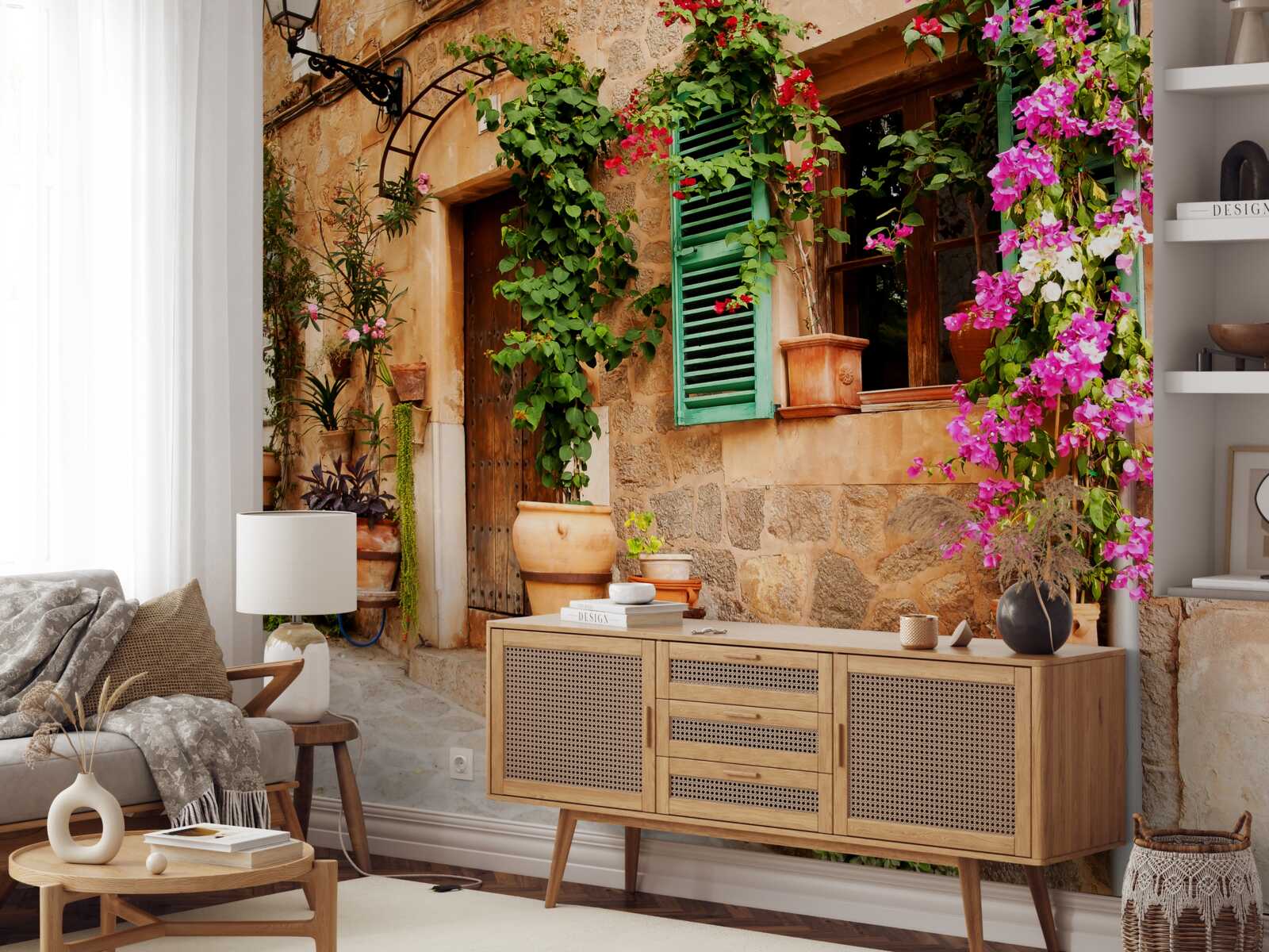 Fotobehang planten in bakken op een oude stoep