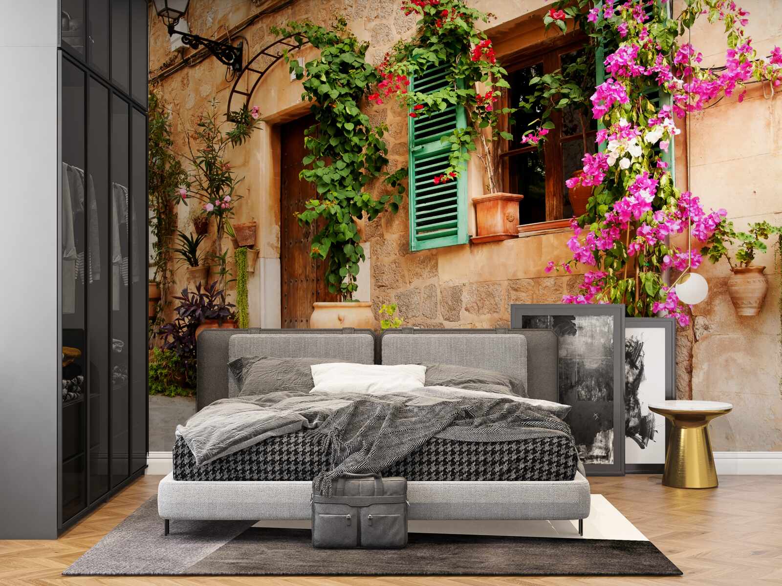 Fotobehang planten in bakken op een oude stoep