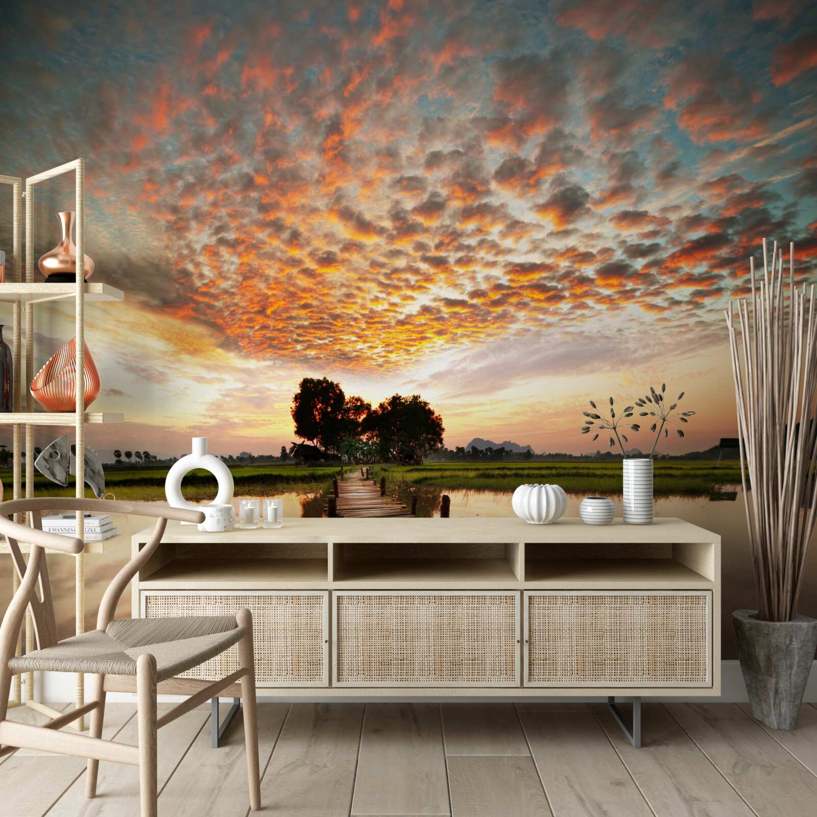 Fotobehang houten pier op een meer in de ondergaande zon