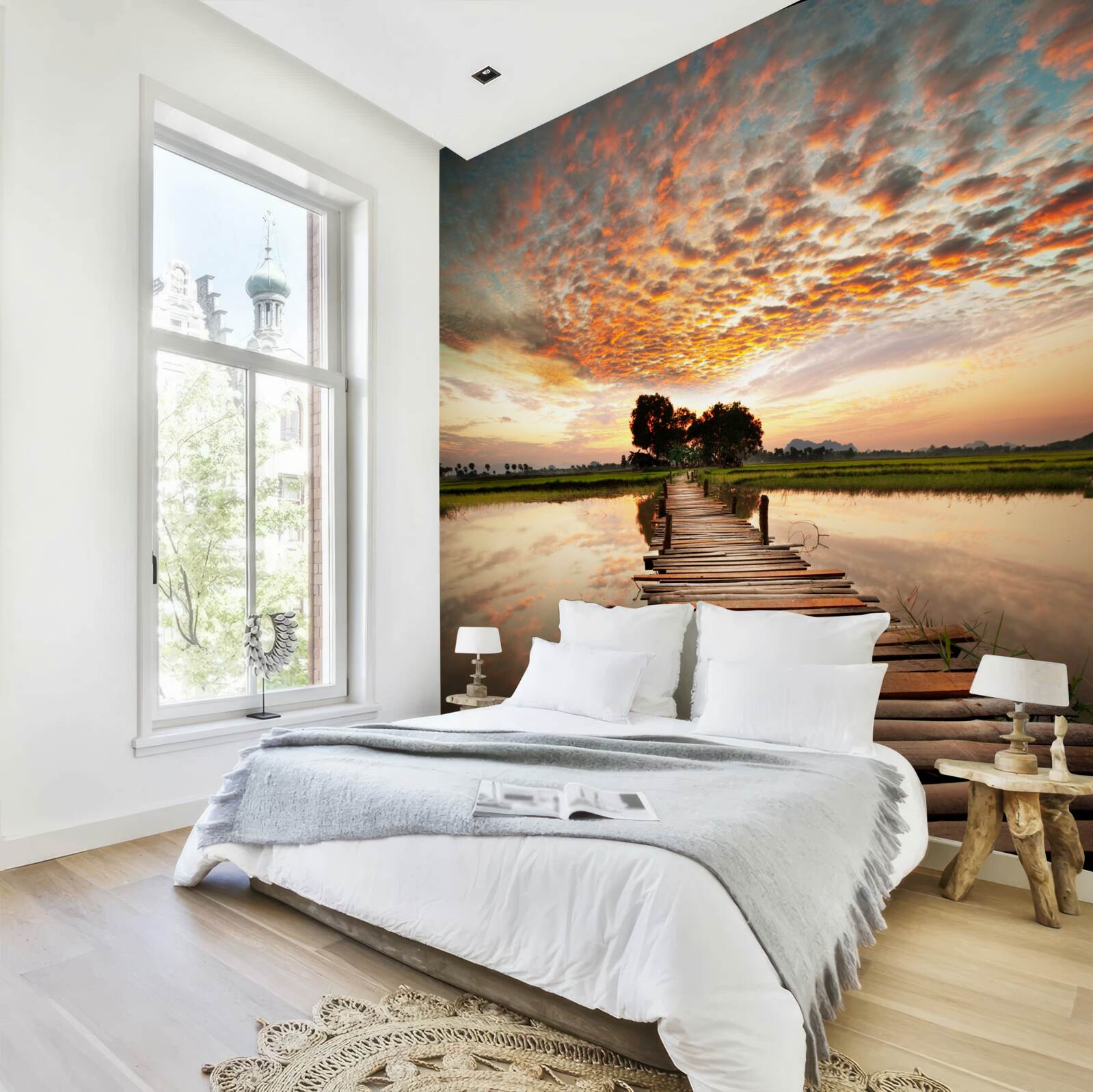 Fotobehang houten pier op een meer in de ondergaande zon