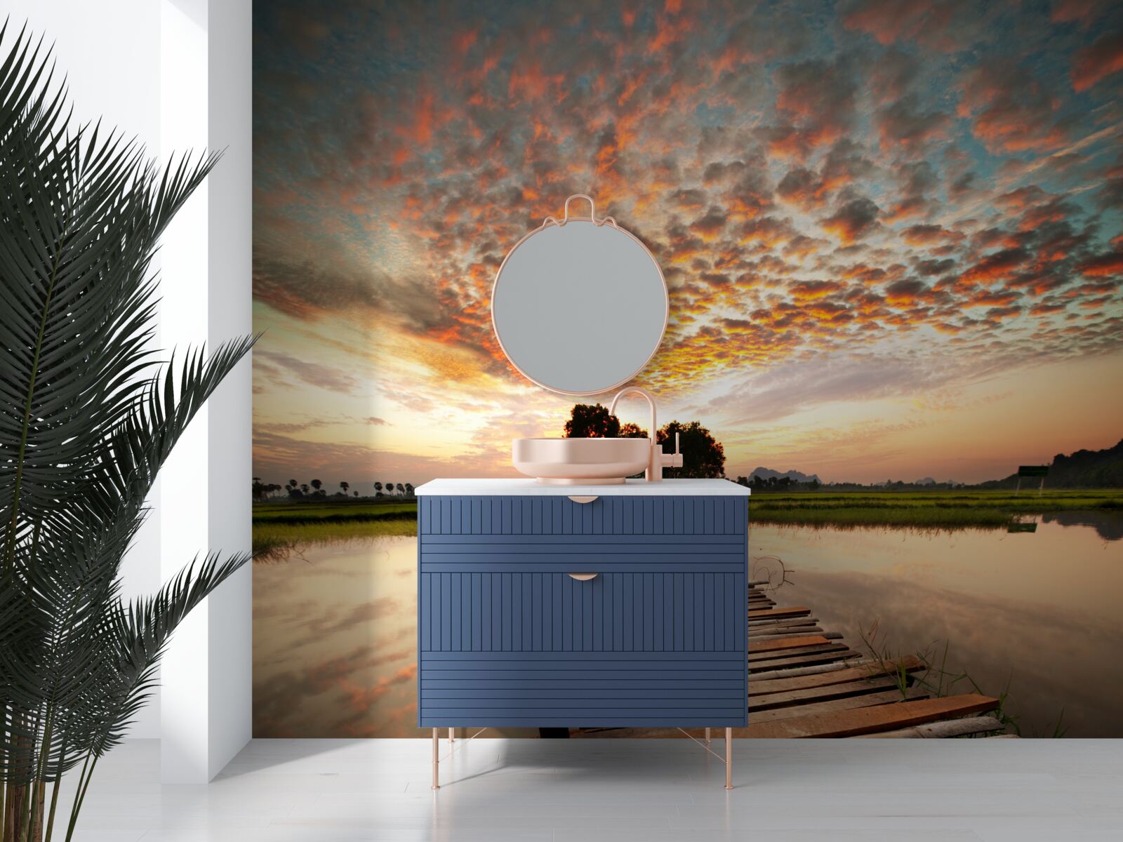 Fotobehang houten pier op een meer in de ondergaande zon