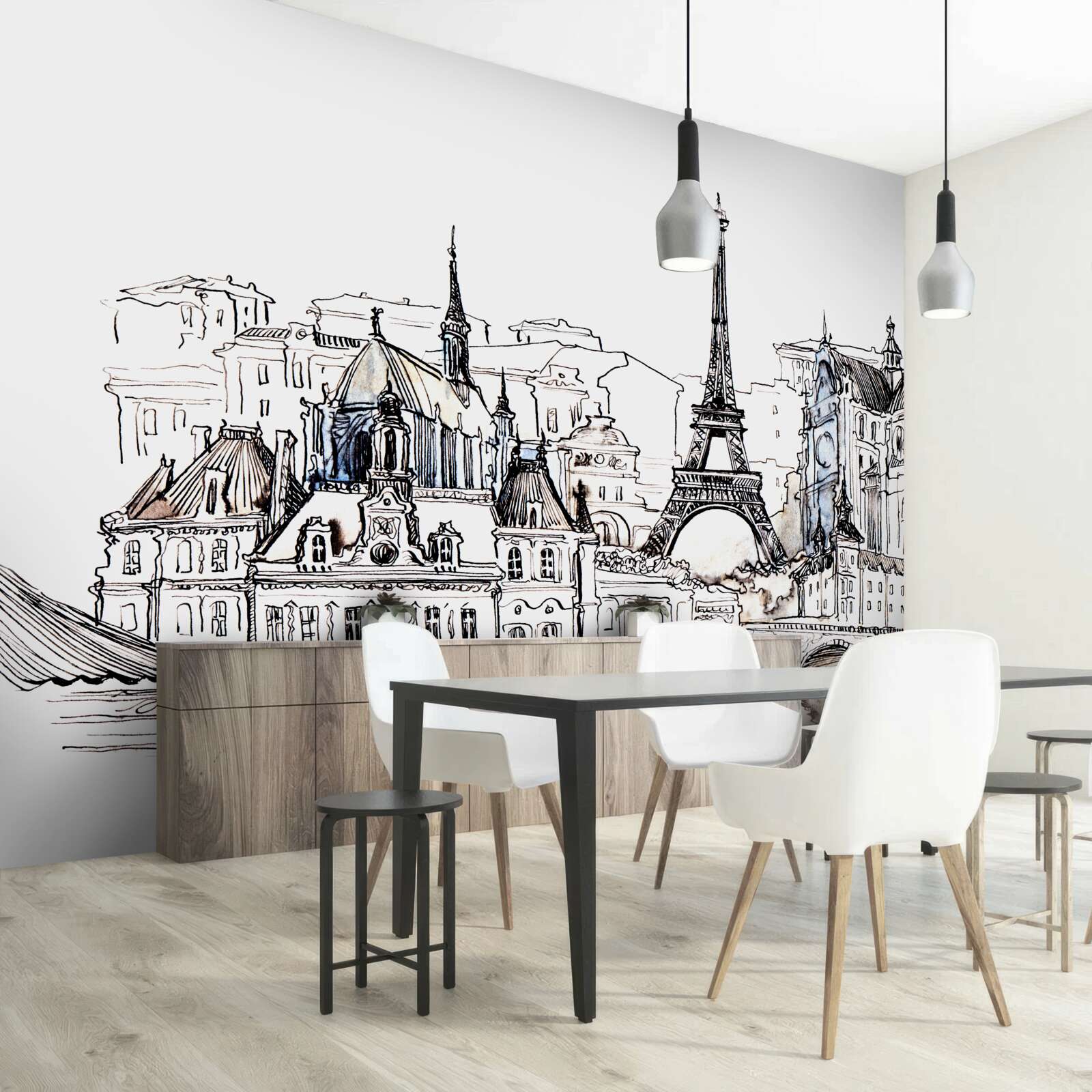 Fotobehang prominente plaatsen in parijs, met potlood afgebeeld