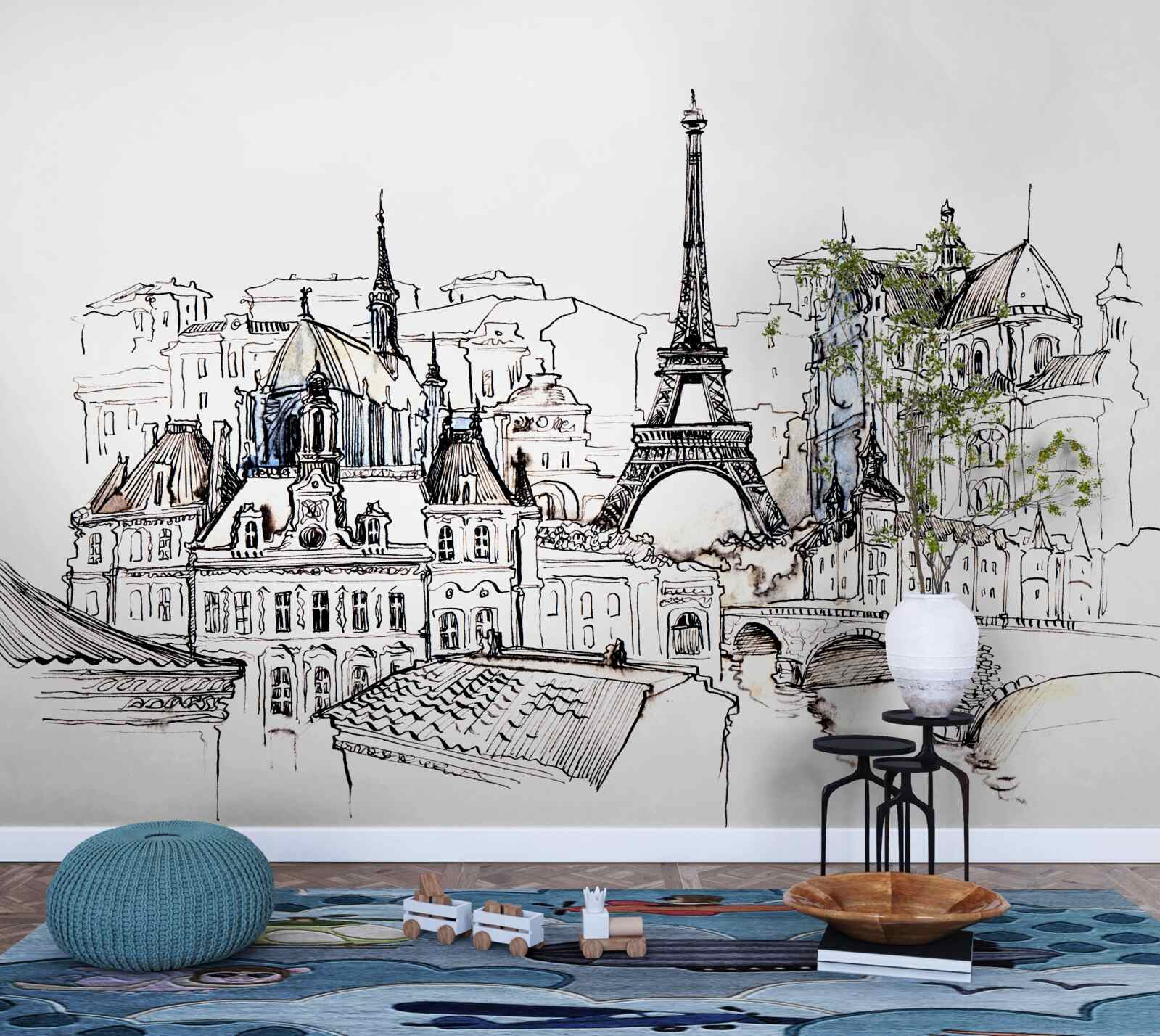 Fotobehang prominente plaatsen in parijs, met potlood afgebeeld