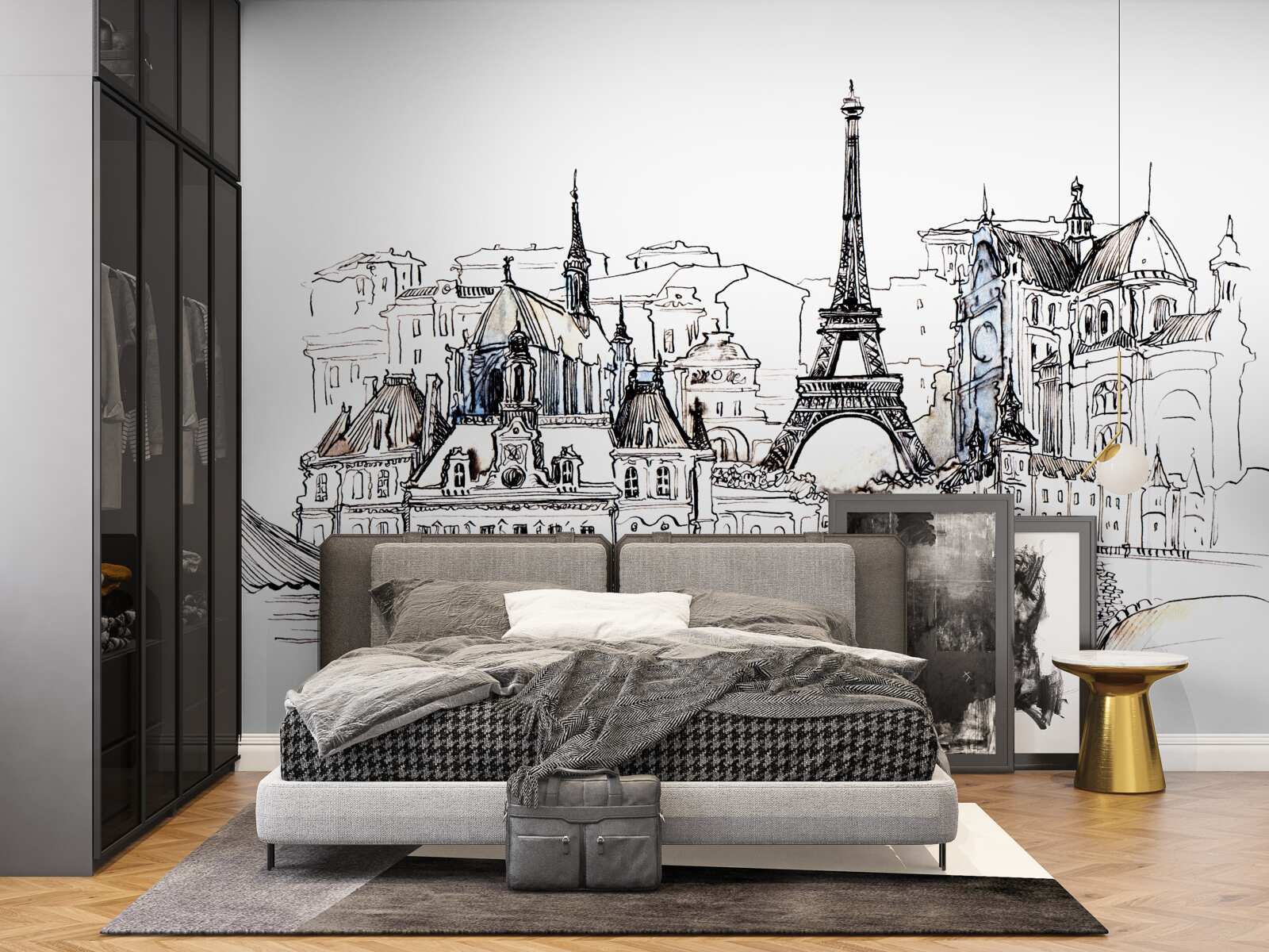 Fotobehang prominente plaatsen in parijs, met potlood afgebeeld