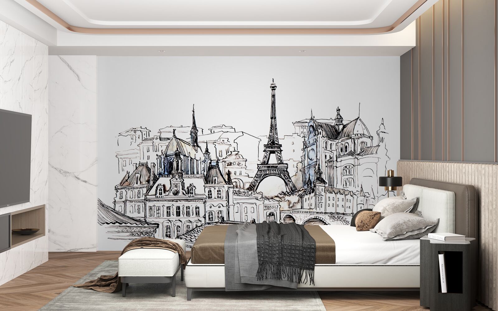 Fotobehang prominente plaatsen in parijs, met potlood afgebeeld