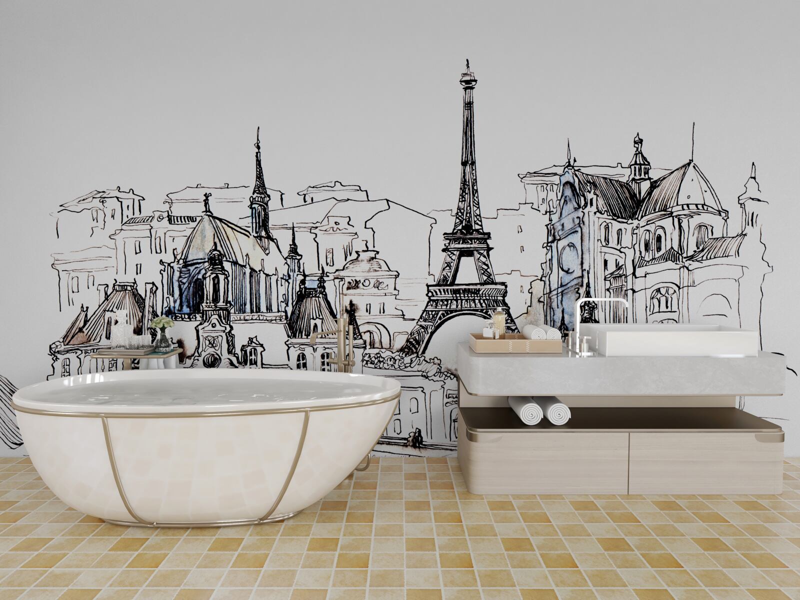 Fotobehang prominente plaatsen in parijs, met potlood afgebeeld