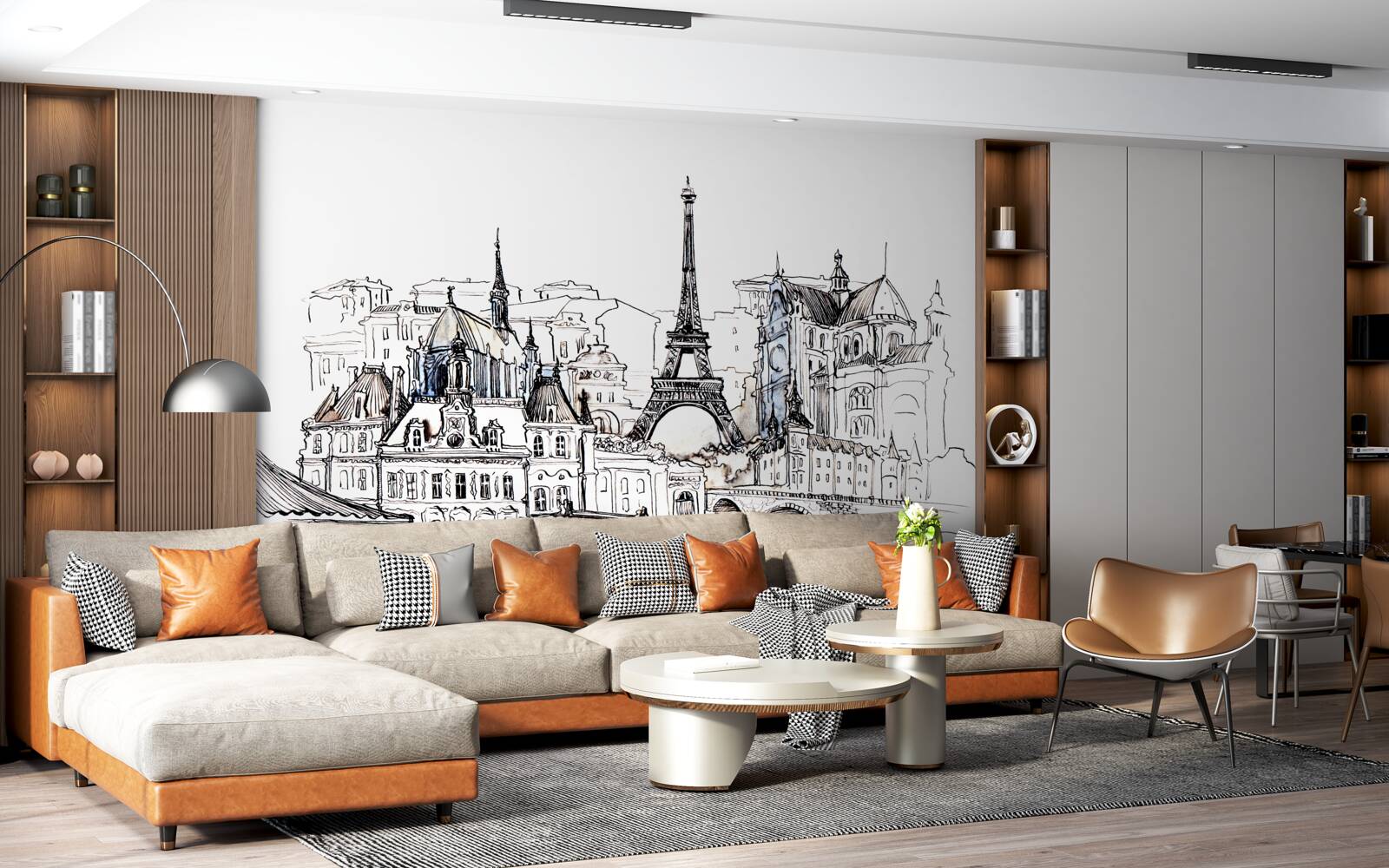 Fotobehang prominente plaatsen in parijs, met potlood afgebeeld