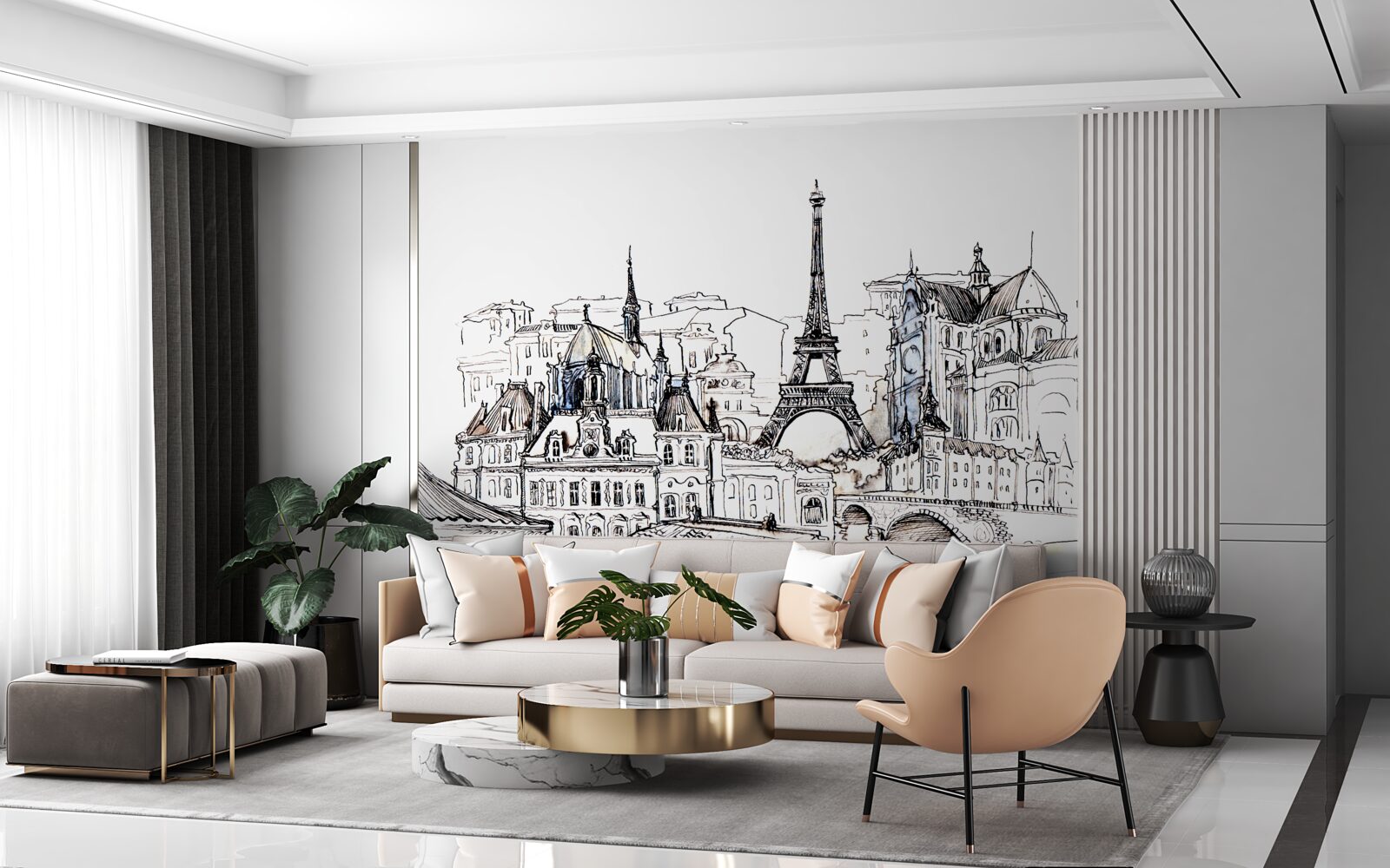 Fotobehang prominente plaatsen in parijs, met potlood afgebeeld