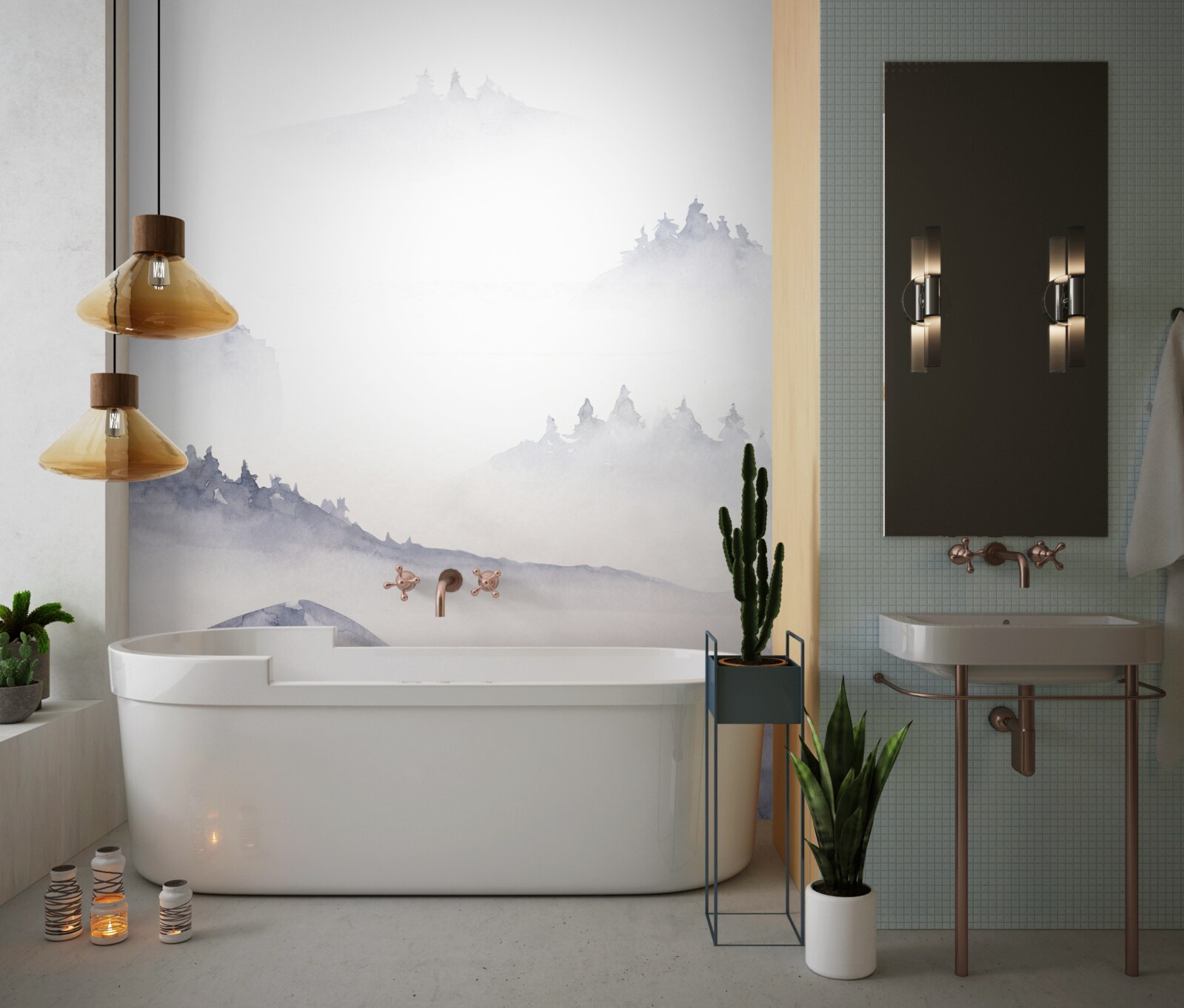 Fotobehang de bergen zijn ondergedompeld in mist