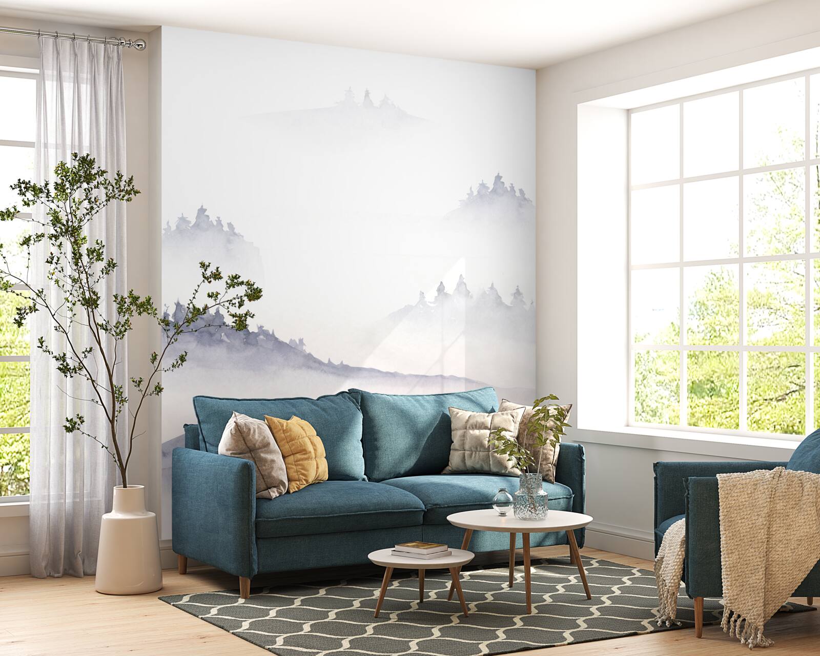 Fotobehang de bergen zijn ondergedompeld in mist