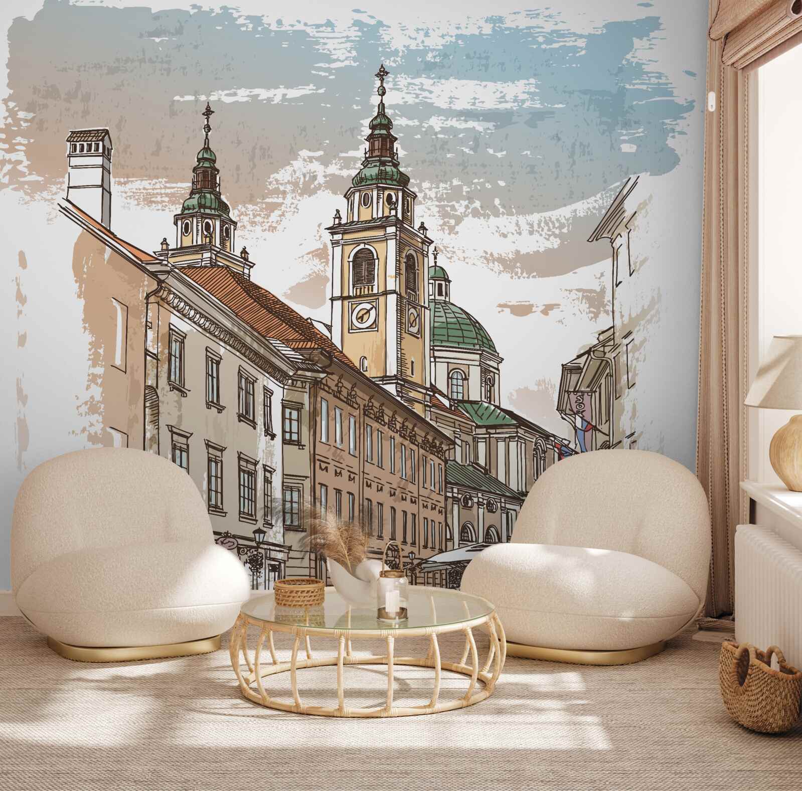 Fotobehang oude stad afgebeeld in potlood