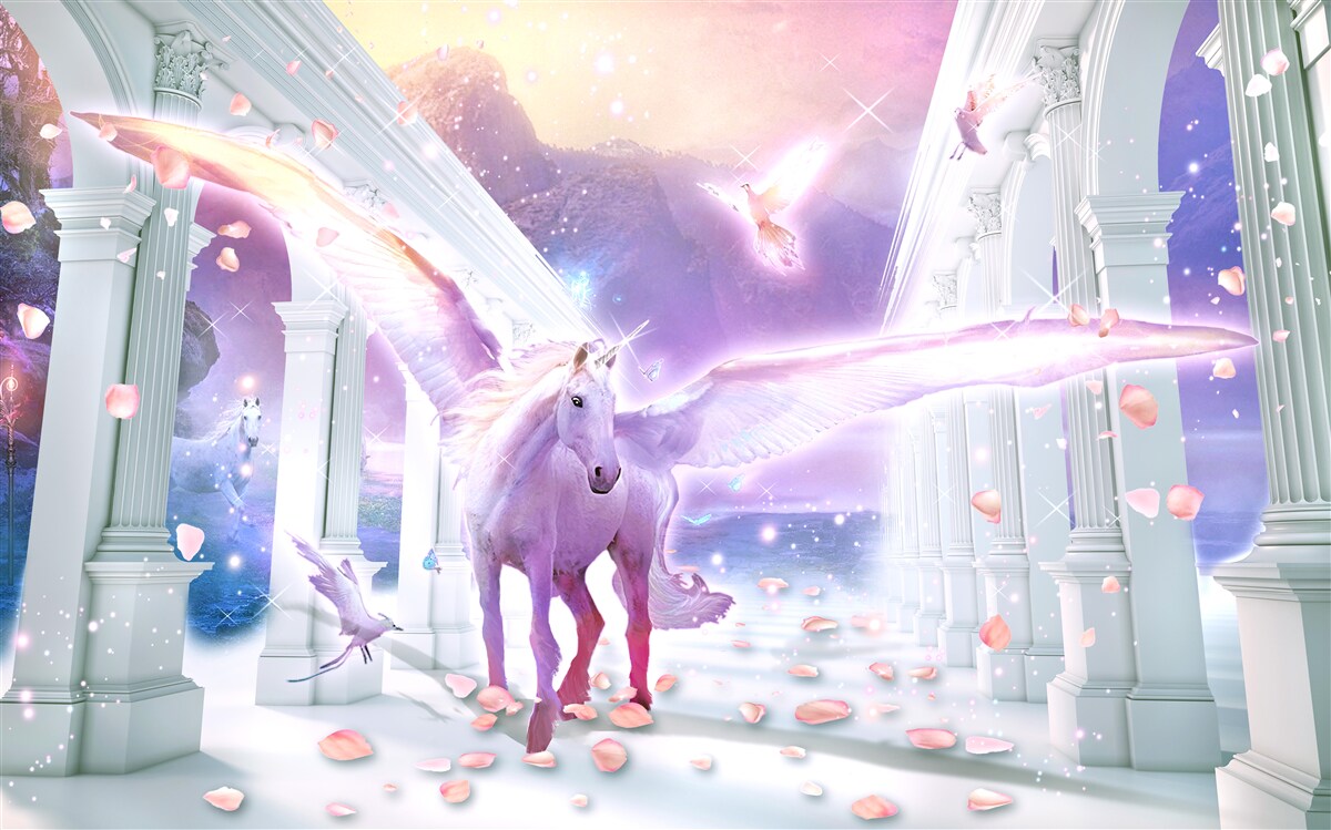 Fotobehang een magische eenhoorn zwevend in de lucht