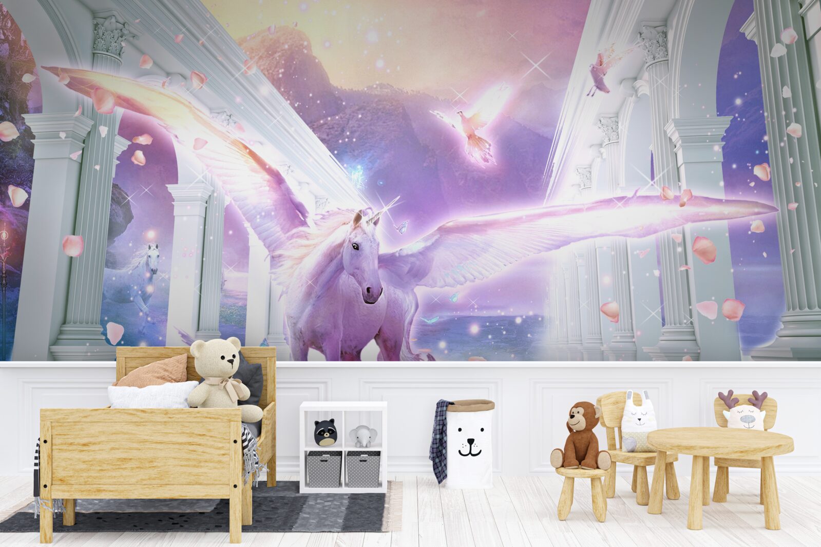 Fotobehang een magische eenhoorn zwevend in de lucht