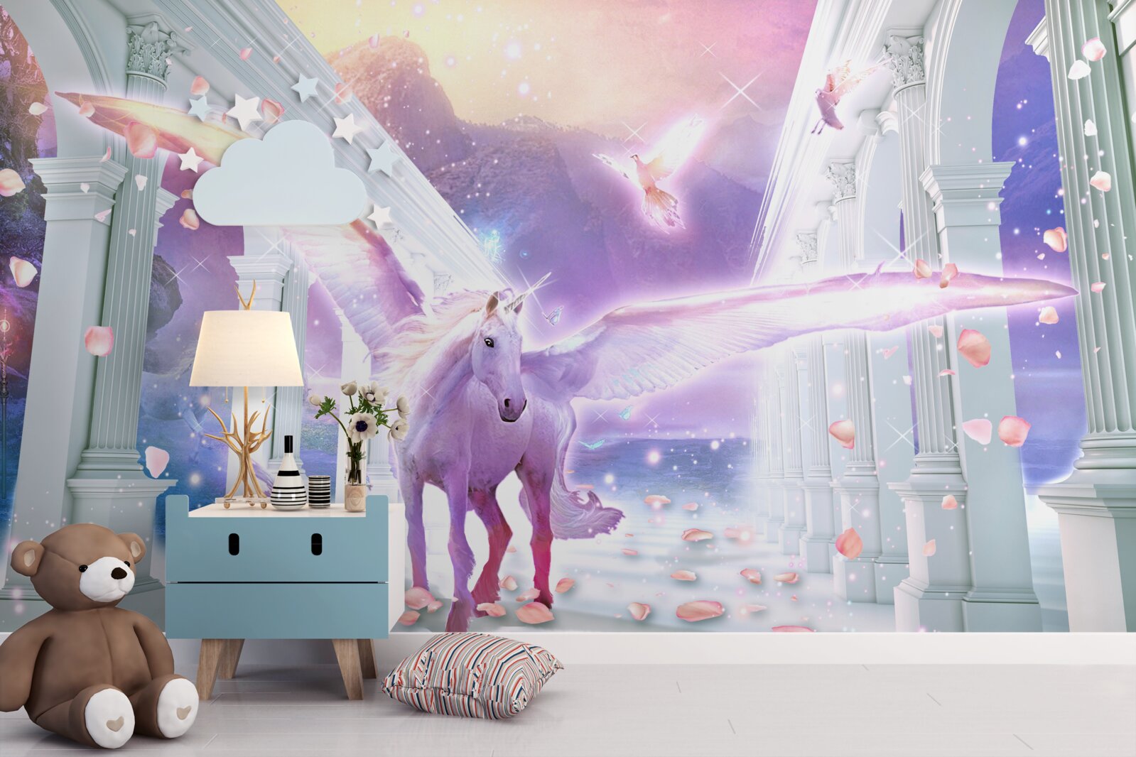 Fotobehang een magische eenhoorn zwevend in de lucht