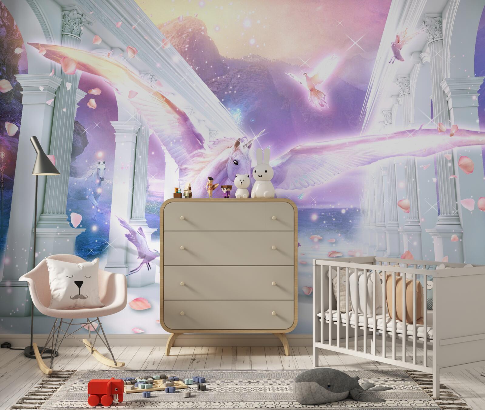 Fotobehang een magische eenhoorn zwevend in de lucht