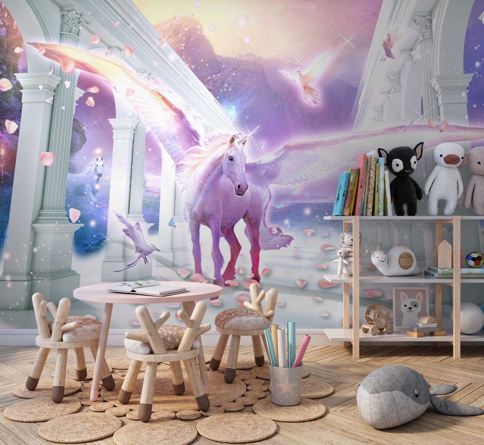 Fotobehang een magische eenhoorn zwevend in de lucht