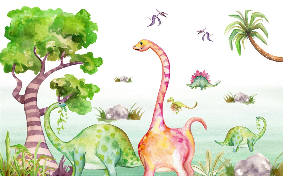 Fotobehang geanimeerde dinosaurussen aan de wandel