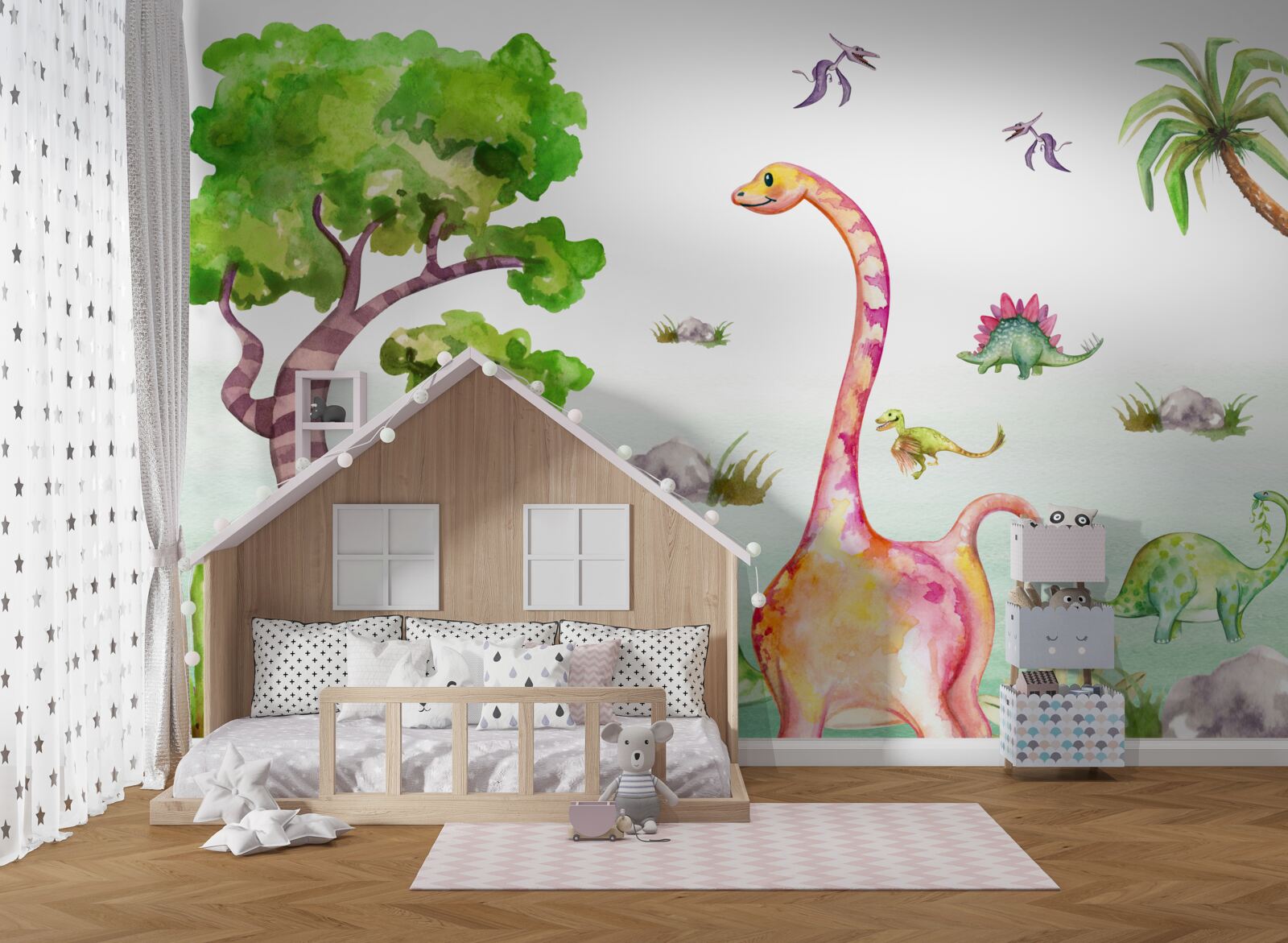 Fotobehang geanimeerde dinosaurussen aan de wandel