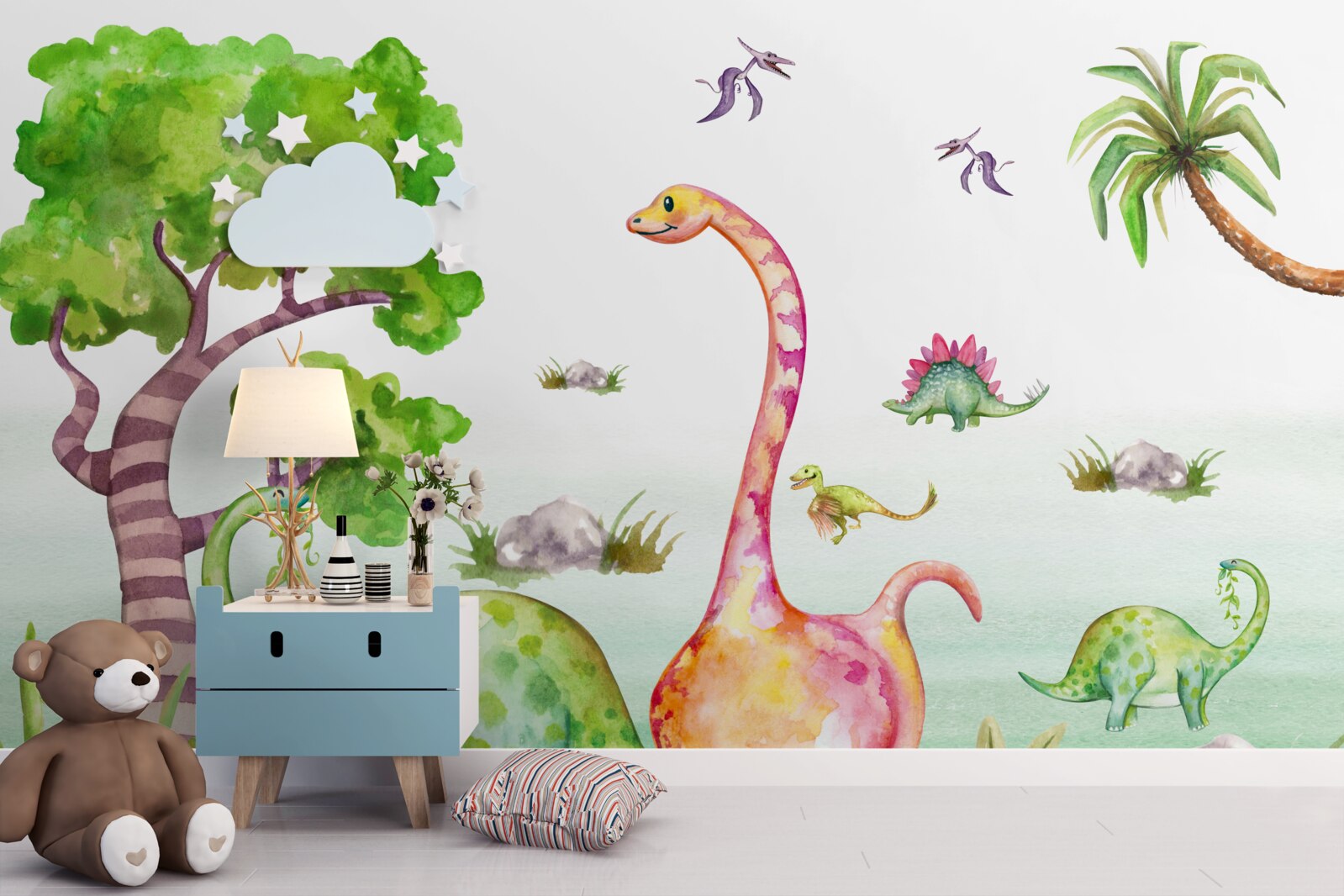 Fotobehang geanimeerde dinosaurussen aan de wandel