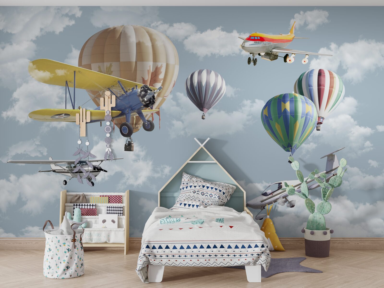 Fotobehang wedstrijd tussen ballonnen en vliegtuigen in de lucht