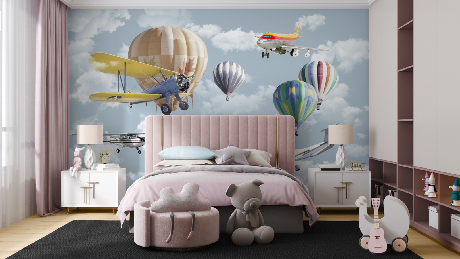 Fotobehang wedstrijd tussen ballonnen en vliegtuigen in de lucht