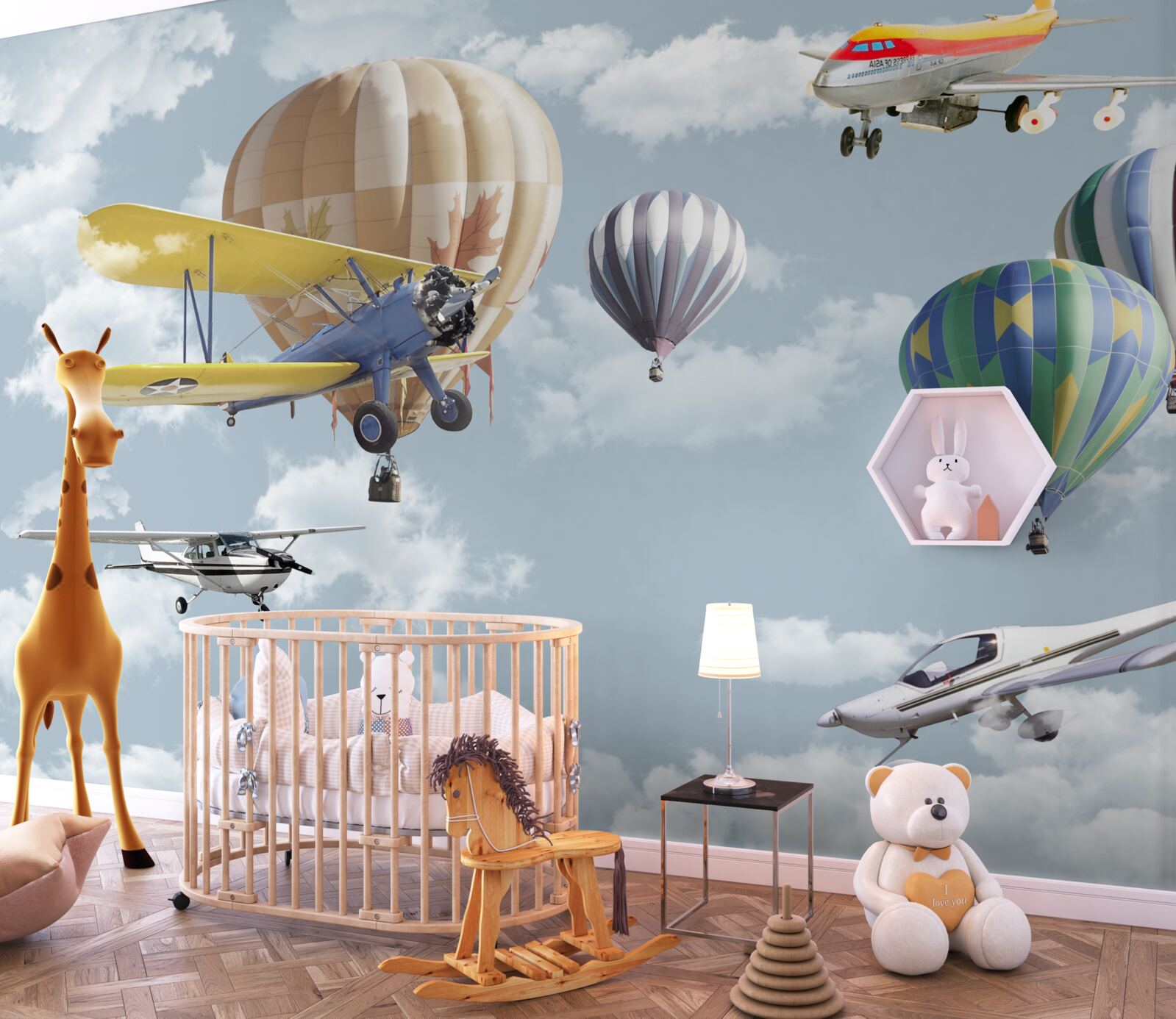 Fotobehang wedstrijd tussen ballonnen en vliegtuigen in de lucht