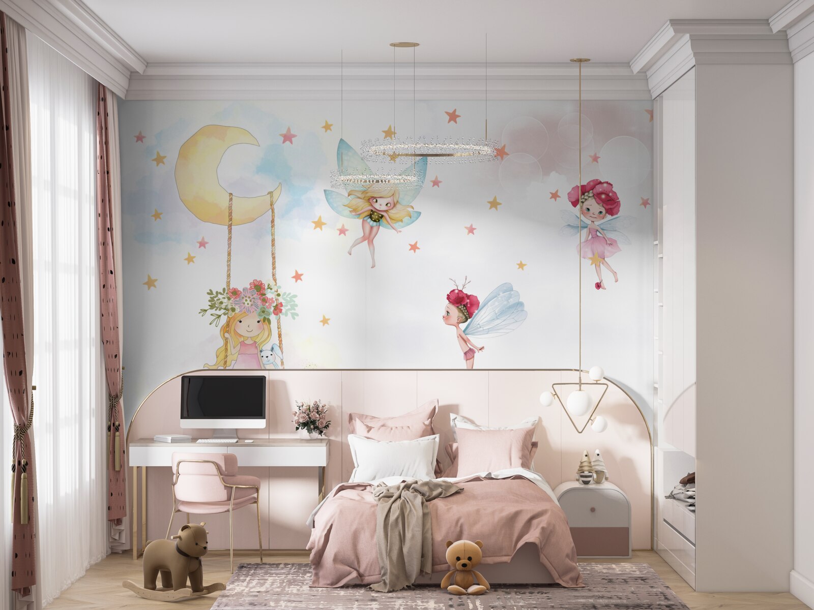 Fotobehang kind op een schommel en magische wezens