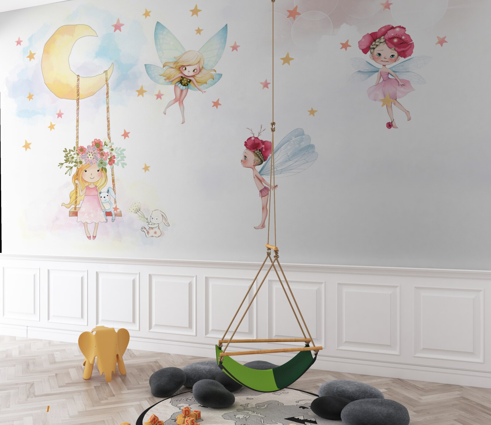 Fotobehang kind op een schommel en magische wezens