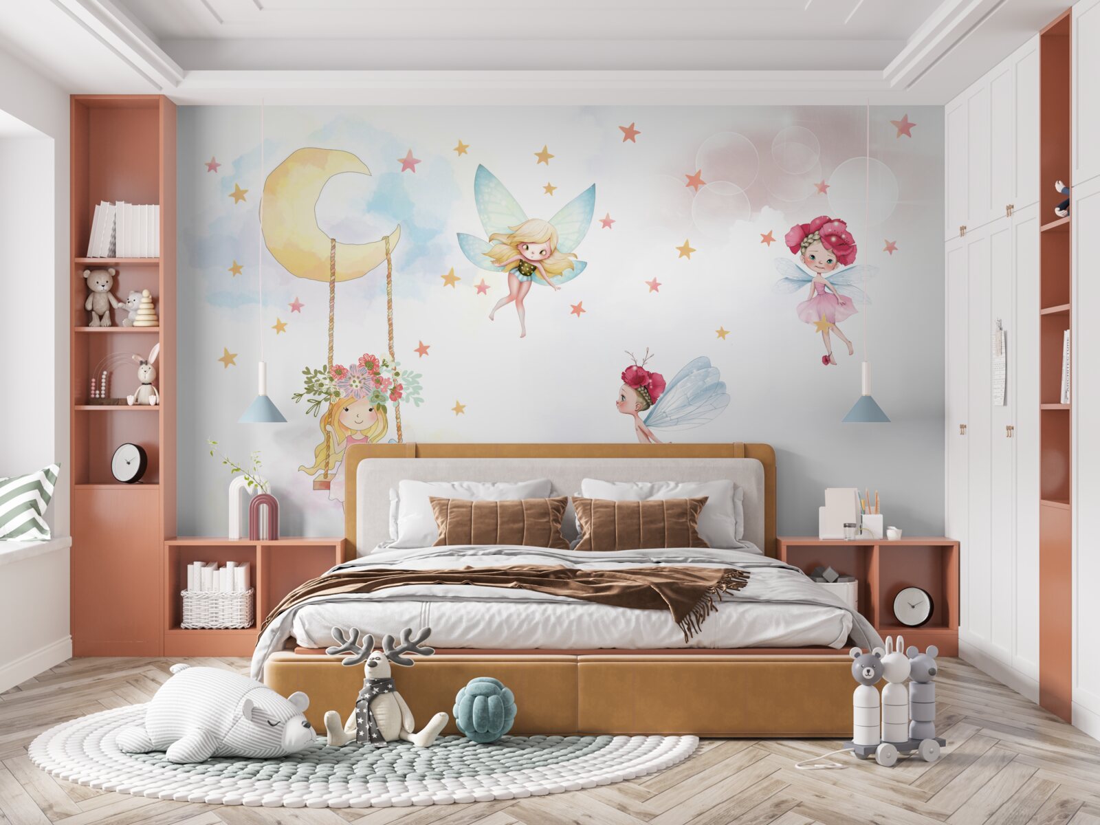 Fotobehang kind op een schommel en magische wezens